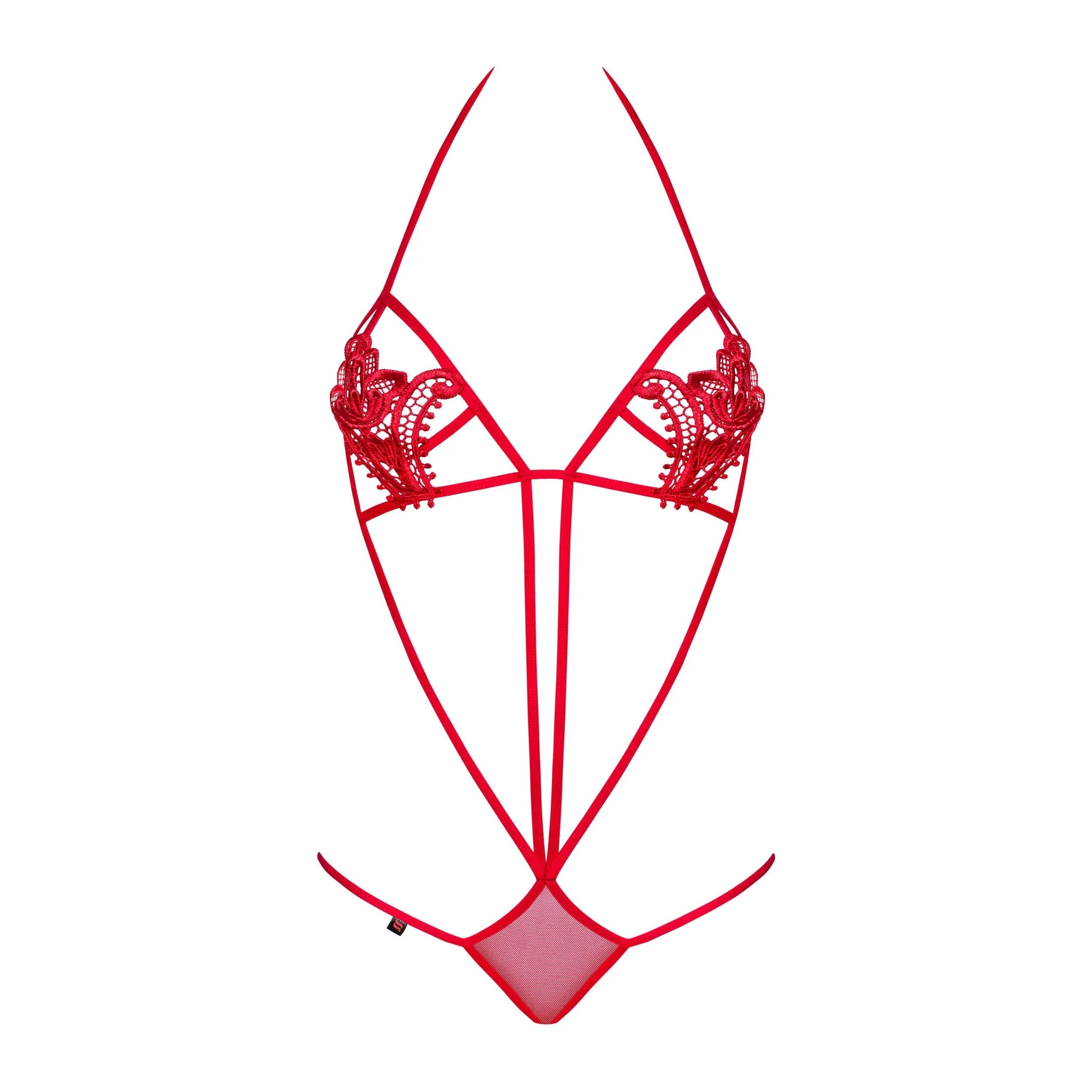 Body lingerie rouge broderie florale, fines lanières, design élégant, Obsessive, taille S M, sensualité et élégance.