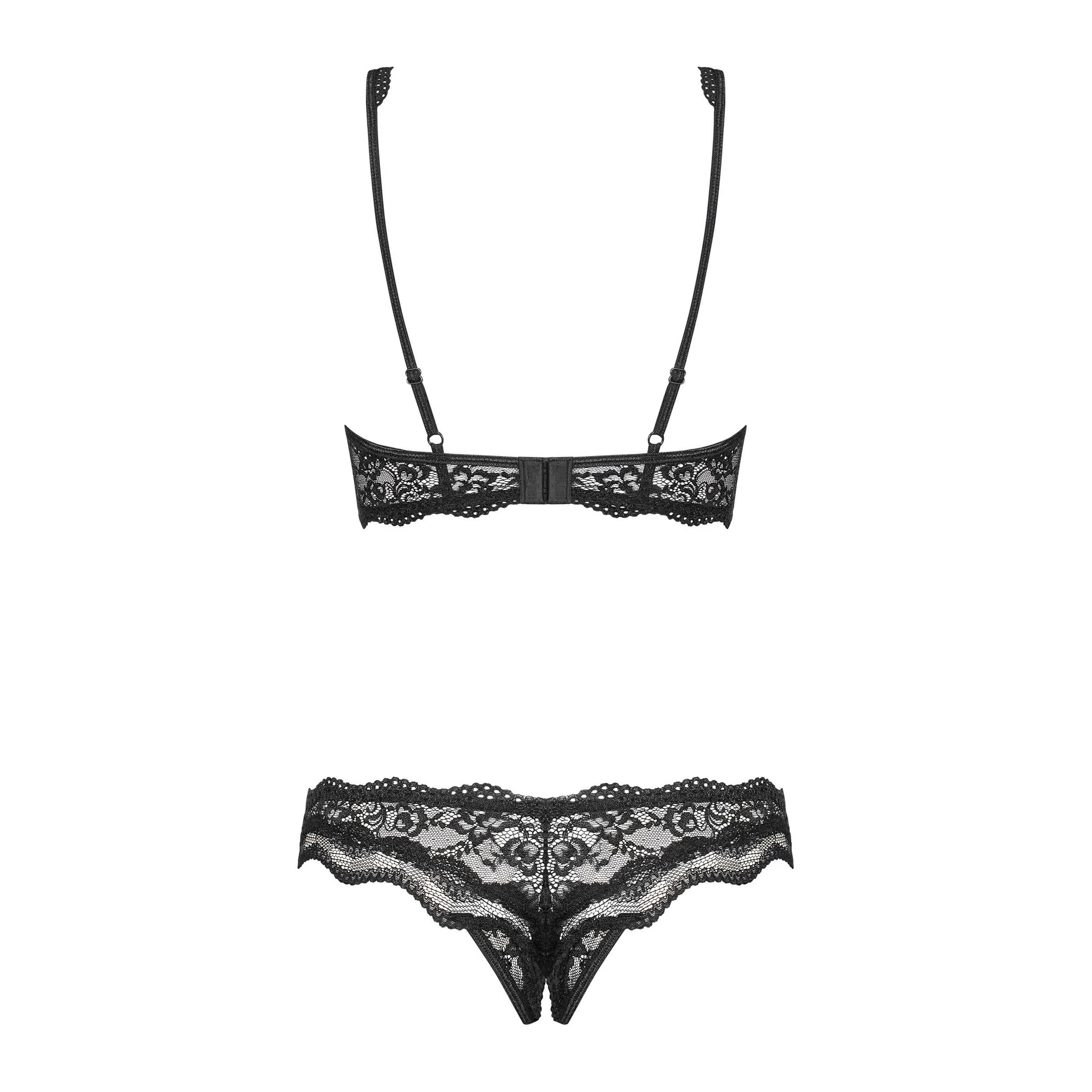 Ensemble lingerie noir dentelle bustier soutien-gorge string ouvert, armatures rembourrés, bretelles ajustables.