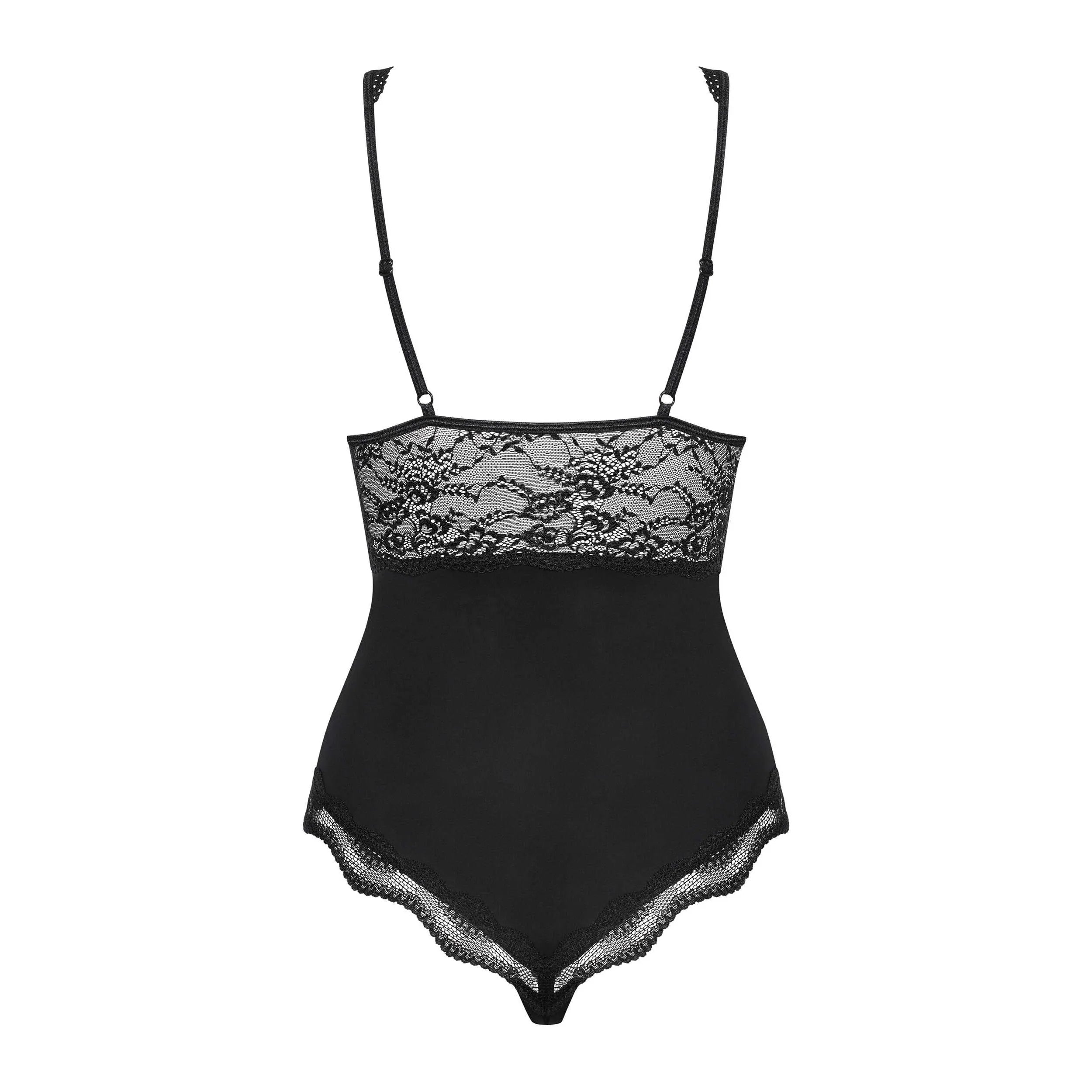 Body noir en dentelle chic avec bretelles réglables, bijou perle beige, bonnets à armatures, élégant et confortable.
