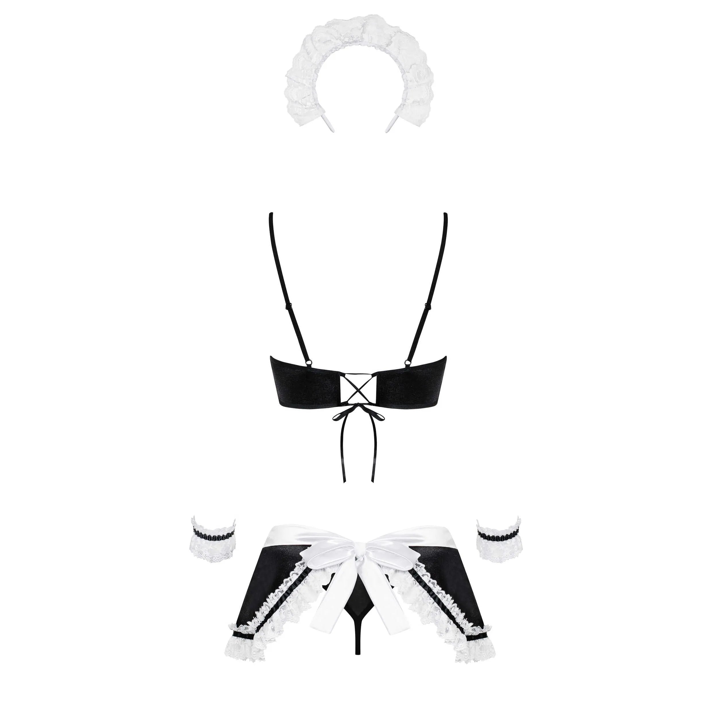 Costume soubrette noir dentelle brillant, lacé dos, jupe tablier, nœud, string, bracelets, bandeau, sexy et élégant.