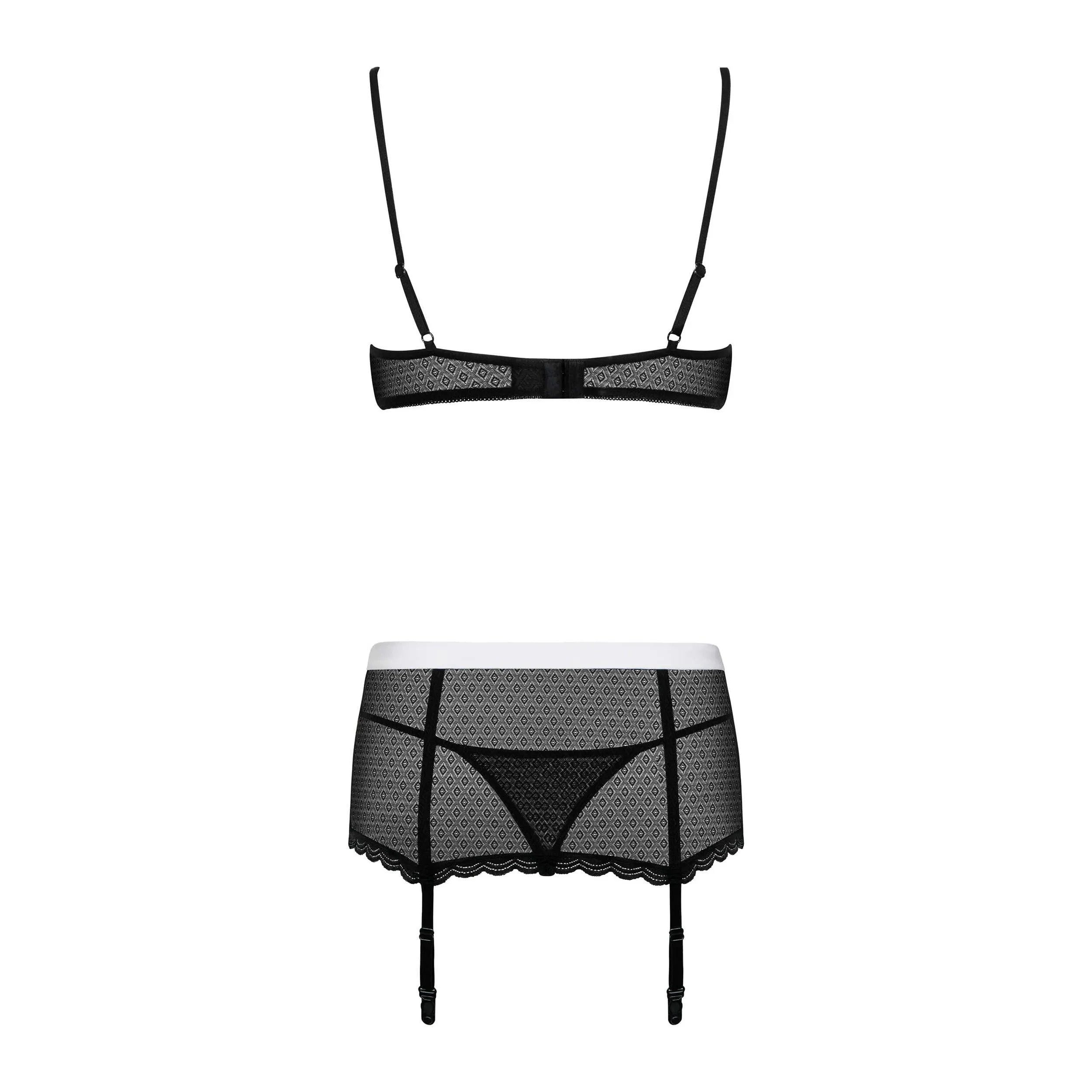 Ensemble déguisement servante noir et blanc avec soutien-gorge à armatures, porte-jarretelles, tablier, string et coiffe.