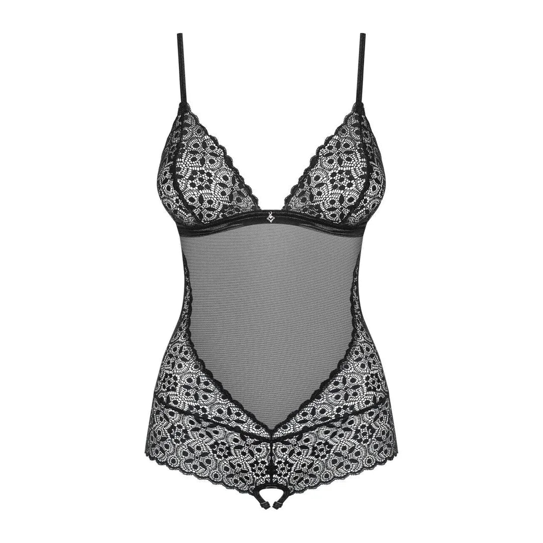 Body Shibu noir dentelle géométrique, maille transparente, bretelles réglables, coupe dos, entrejambe ouverte.