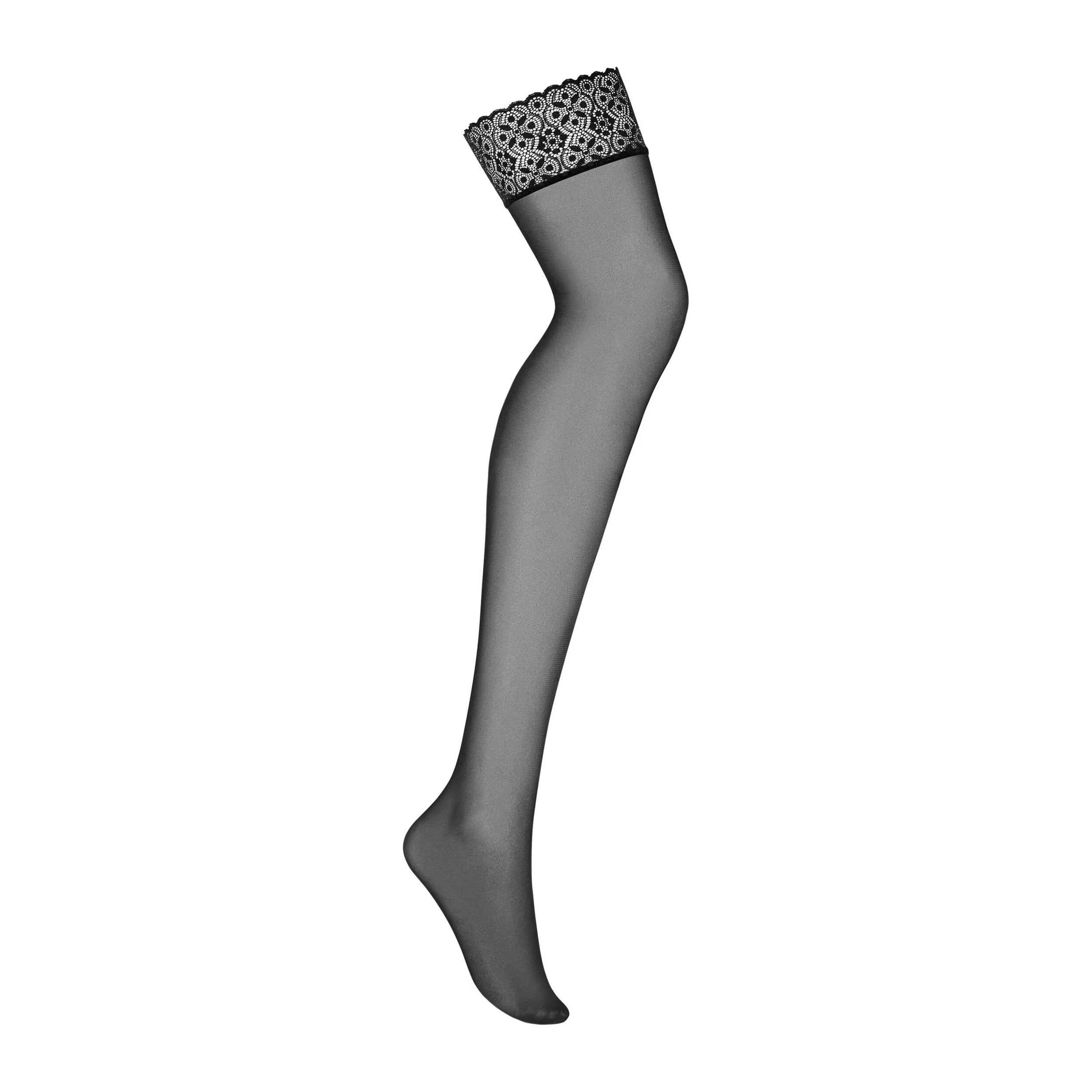 Bas noirs sensuels en maille douce avec dentelle géométrique, confort et glamour, parfaits pour sublimer les jambes.