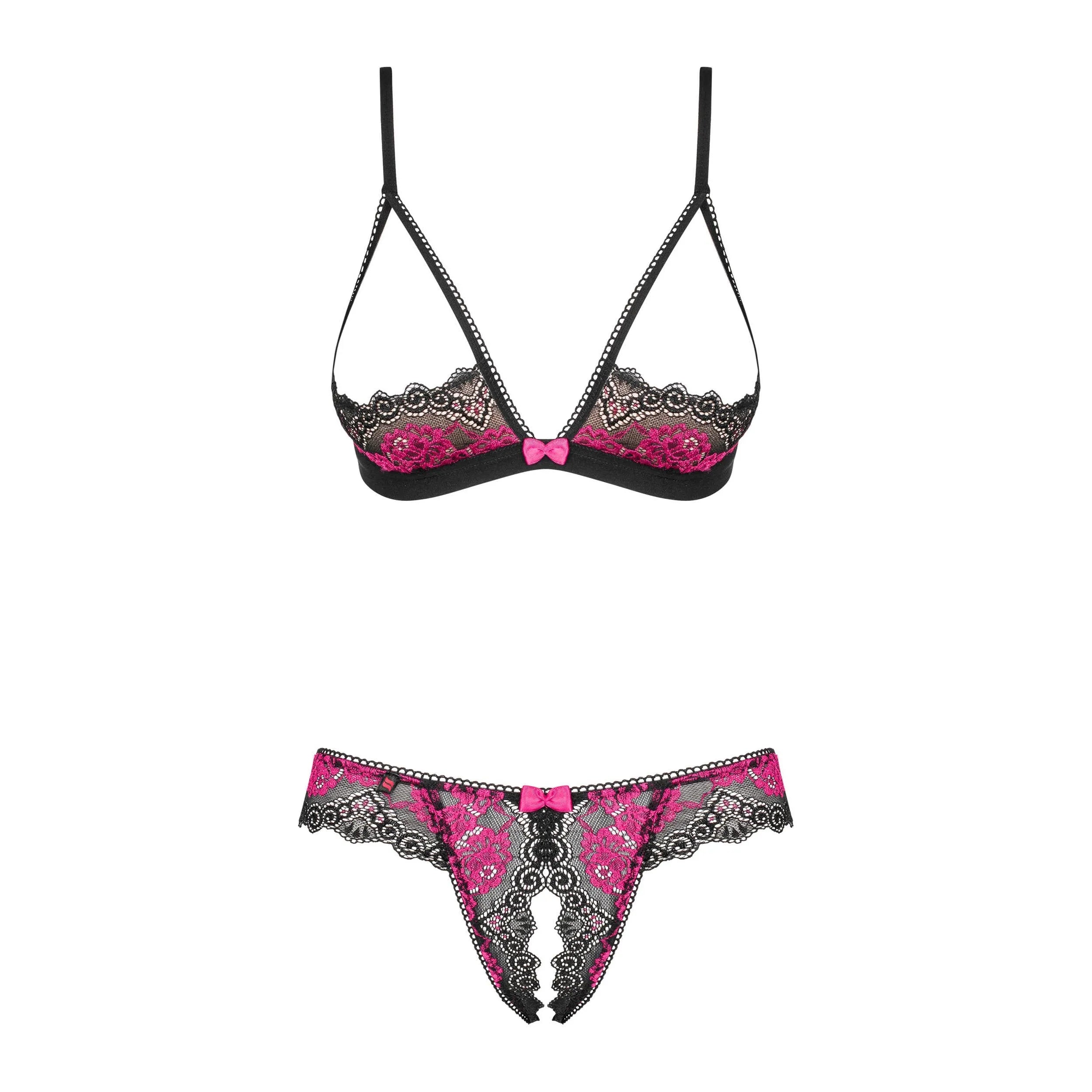 Ensemble lingerie dentelle noir fuchsia ouvert, sans bonnet, string sexy, bretelles réglables, détails élégants.