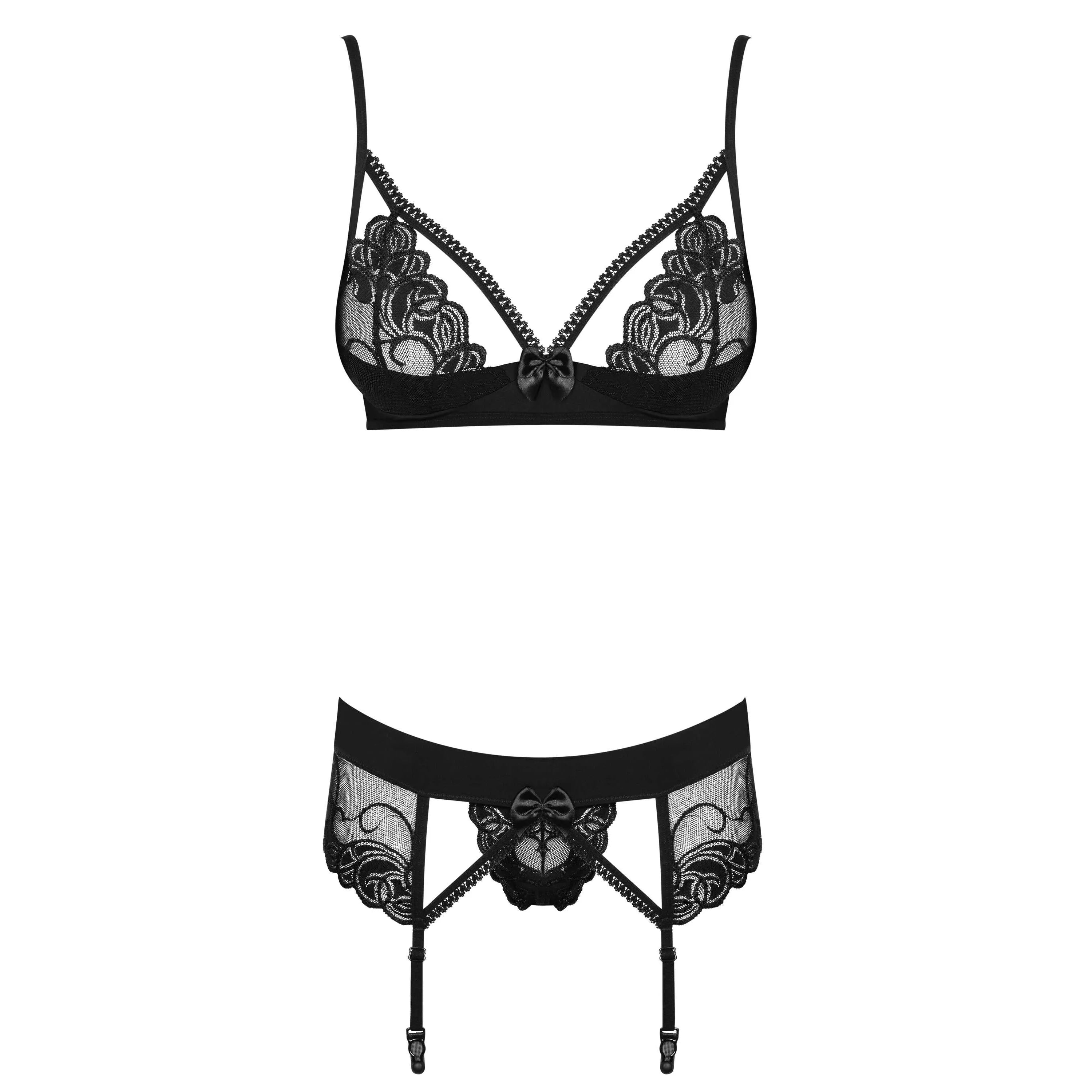 Ensemble lingerie noir 3 pièces en dentelle et satin, soutien-gorge push-up, porte-jarretelles et string assortis.