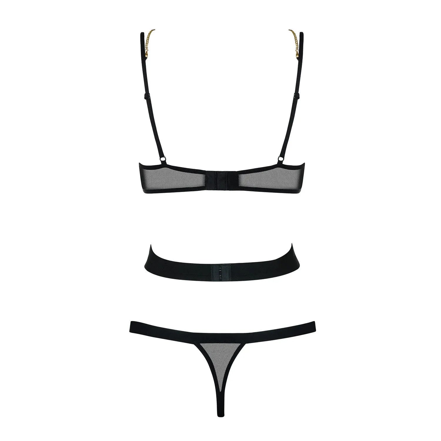 Body string noir avec chaînes bijoux, design élégant et sensuel, sublimant la silhouette, idéal pour soirées romantiques.