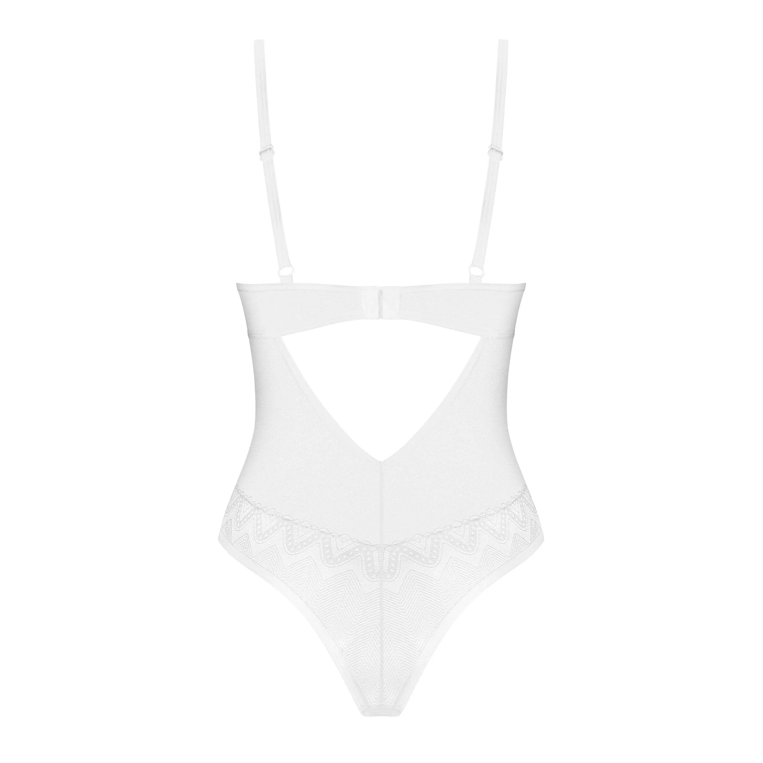 Body blanc Alissium avec bonnets à armatures, pendentif or rose, motifs géométriques, sangles réglables, élégant et sensuel.