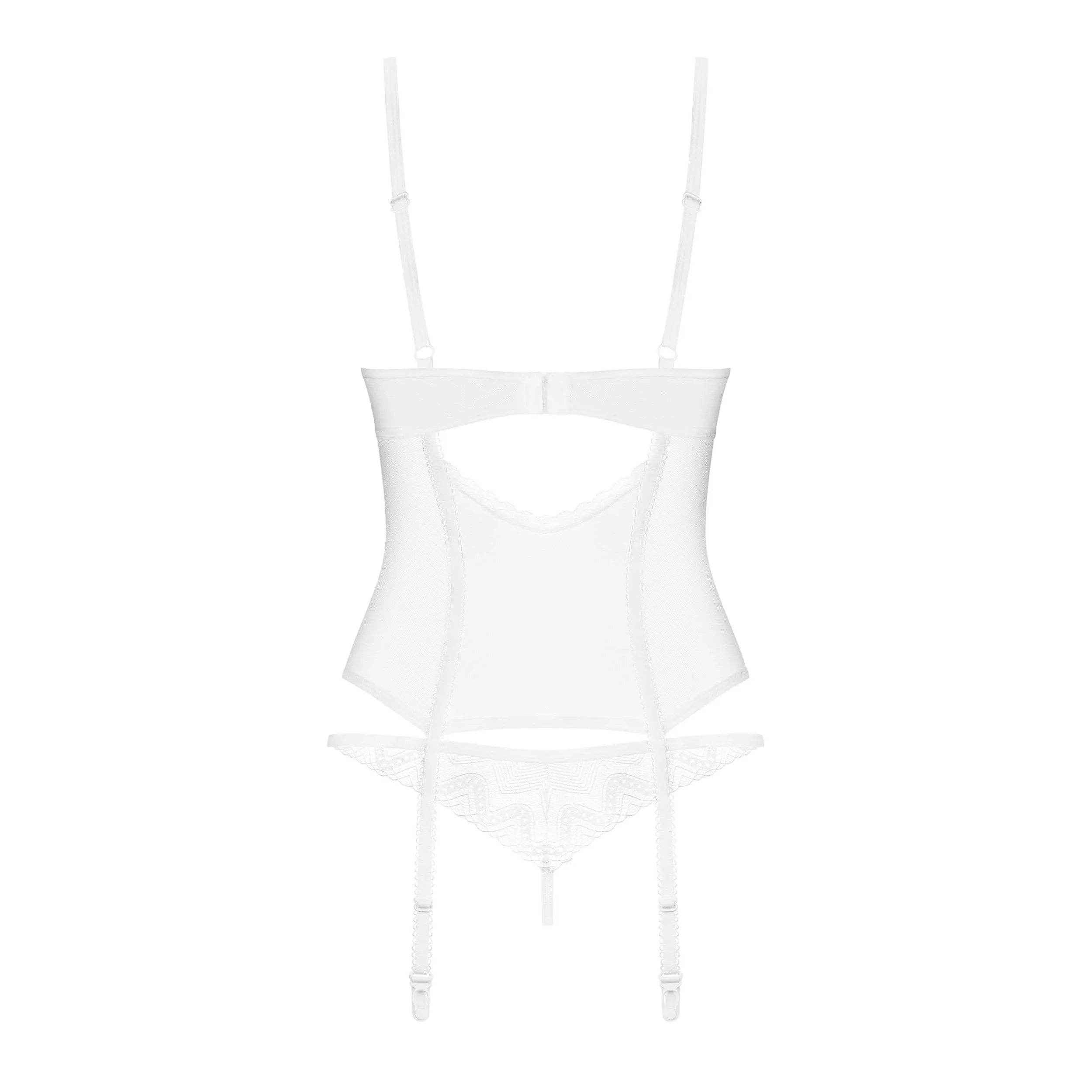 Corset string blanc dentelle ajustable, armatures or rose, bretelles et jarretelles réglables, finition élégante.