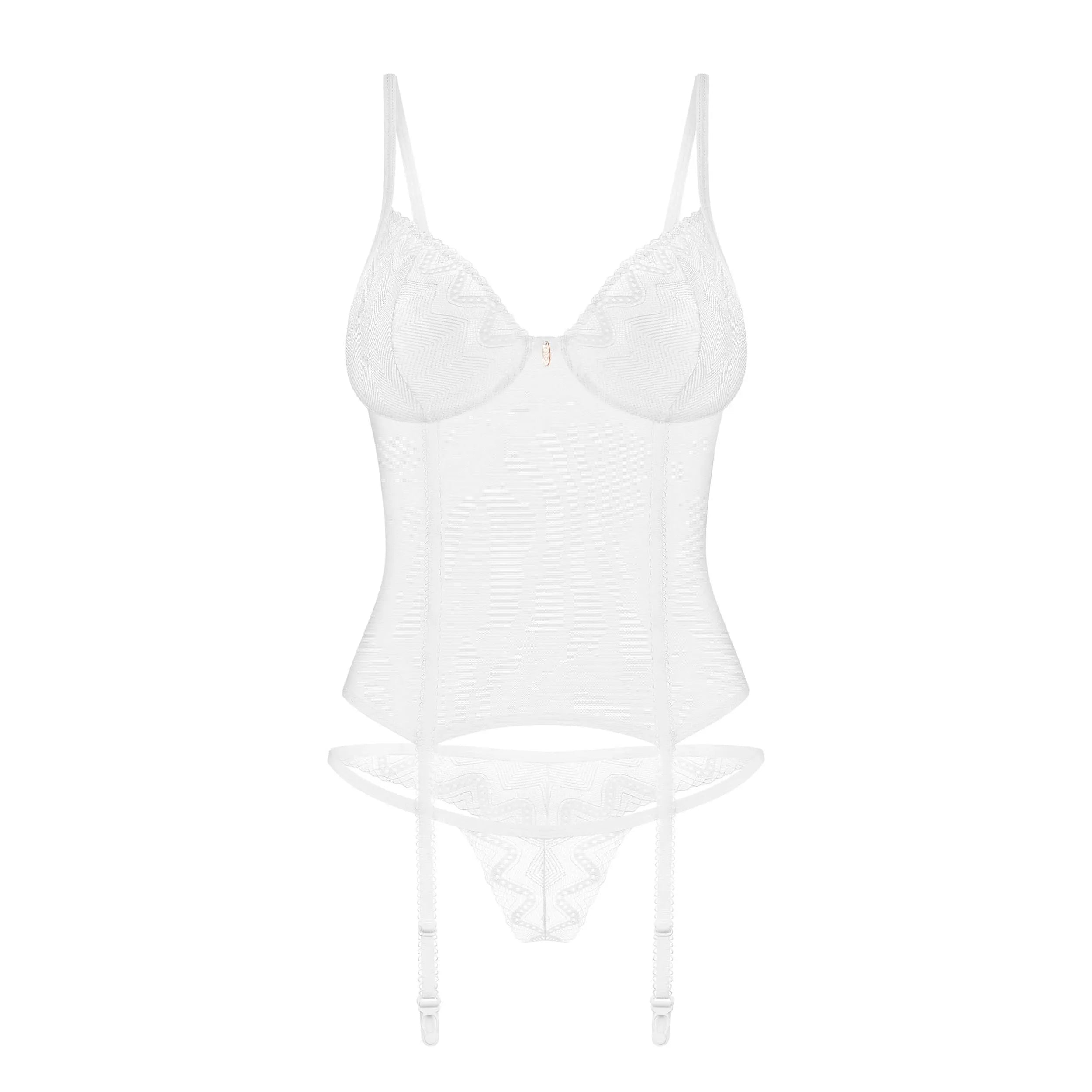 Corset string blanc dentelle ajustable, armatures or rose, bretelles et jarretelles réglables, élégant et séduisant.