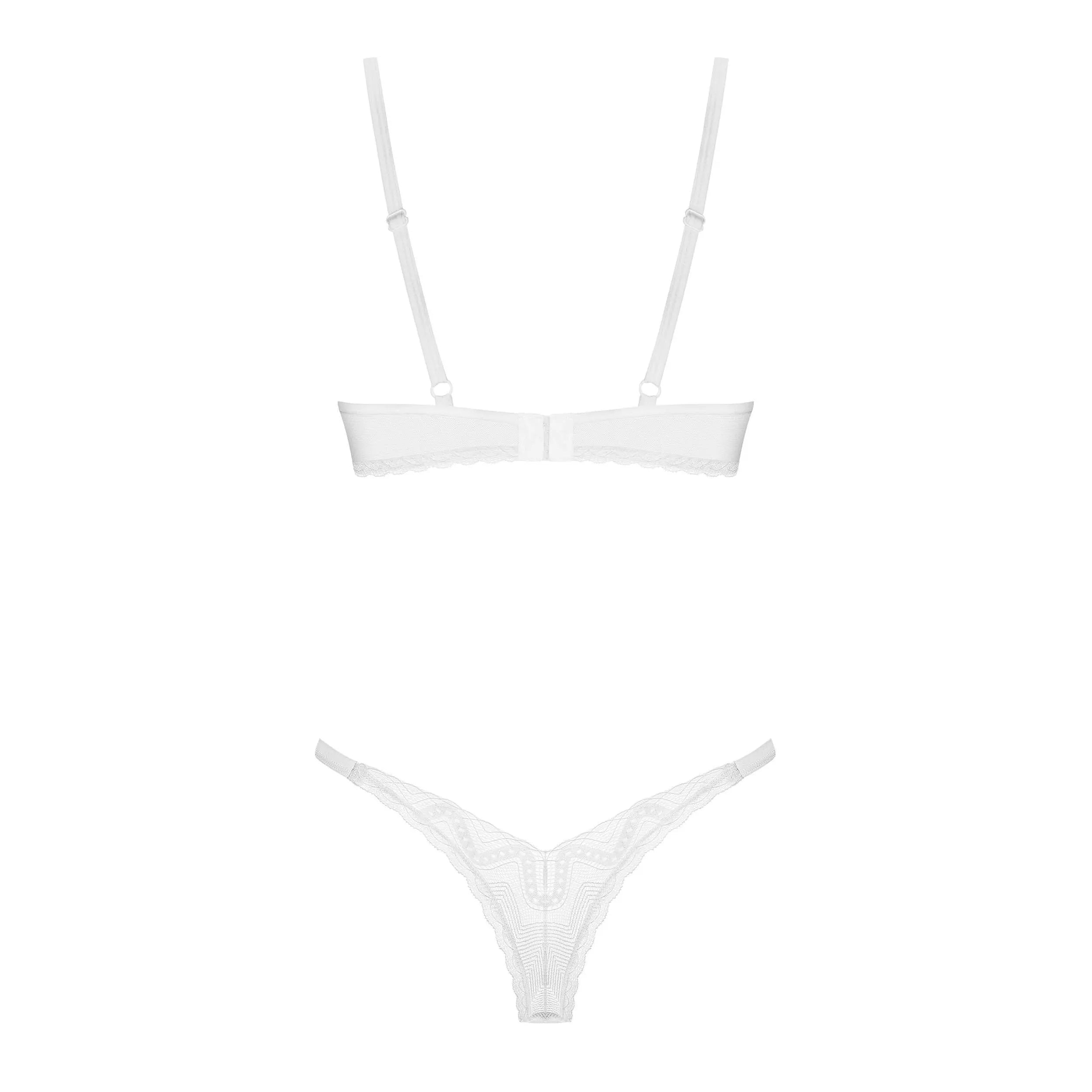Ensemble lingerie blanche dentelle géométrique, string et soutien-gorge armature, bretelles réglables, fermoir multipositi...