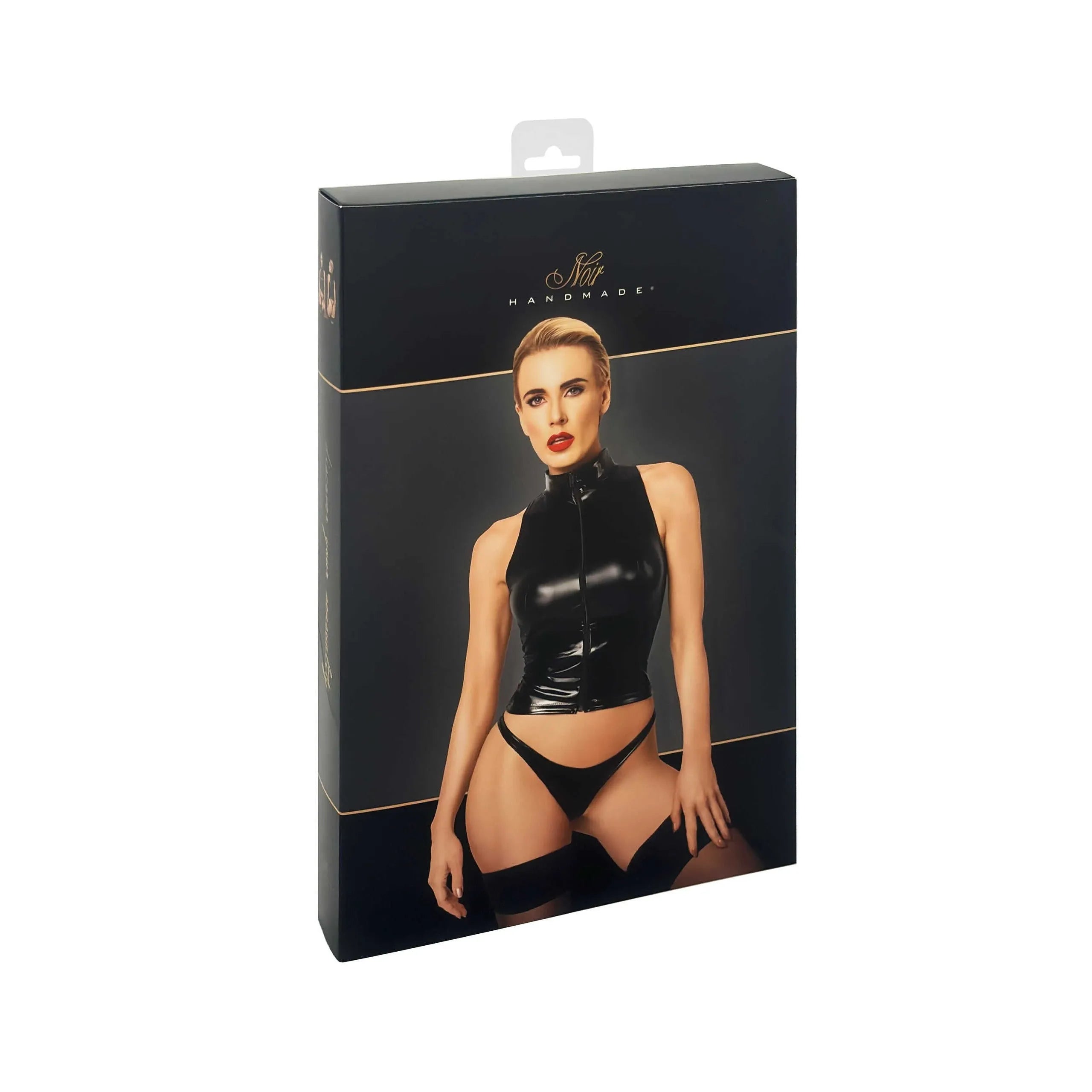 haut sans manches noir PVC extensible brillant fermeture zippée col montant sexy ajusté élastique confortable court soirée glamour