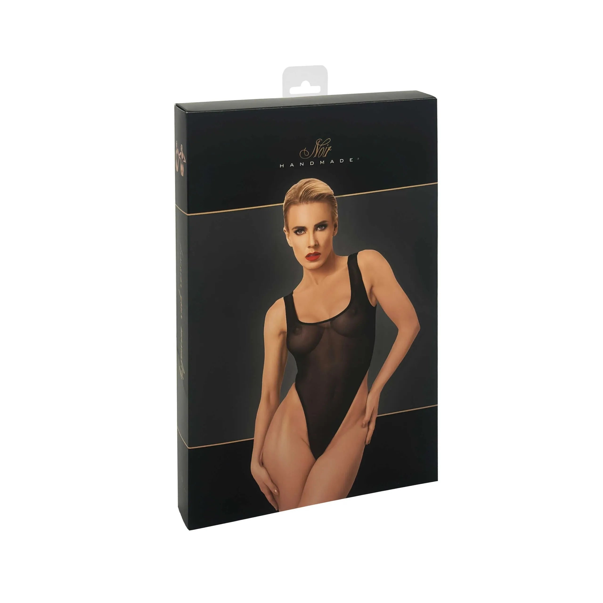 Body tulle noir transparent taille haute, élégant et séduisant, sur fond noir, mettant en valeur la silhouette féminine.