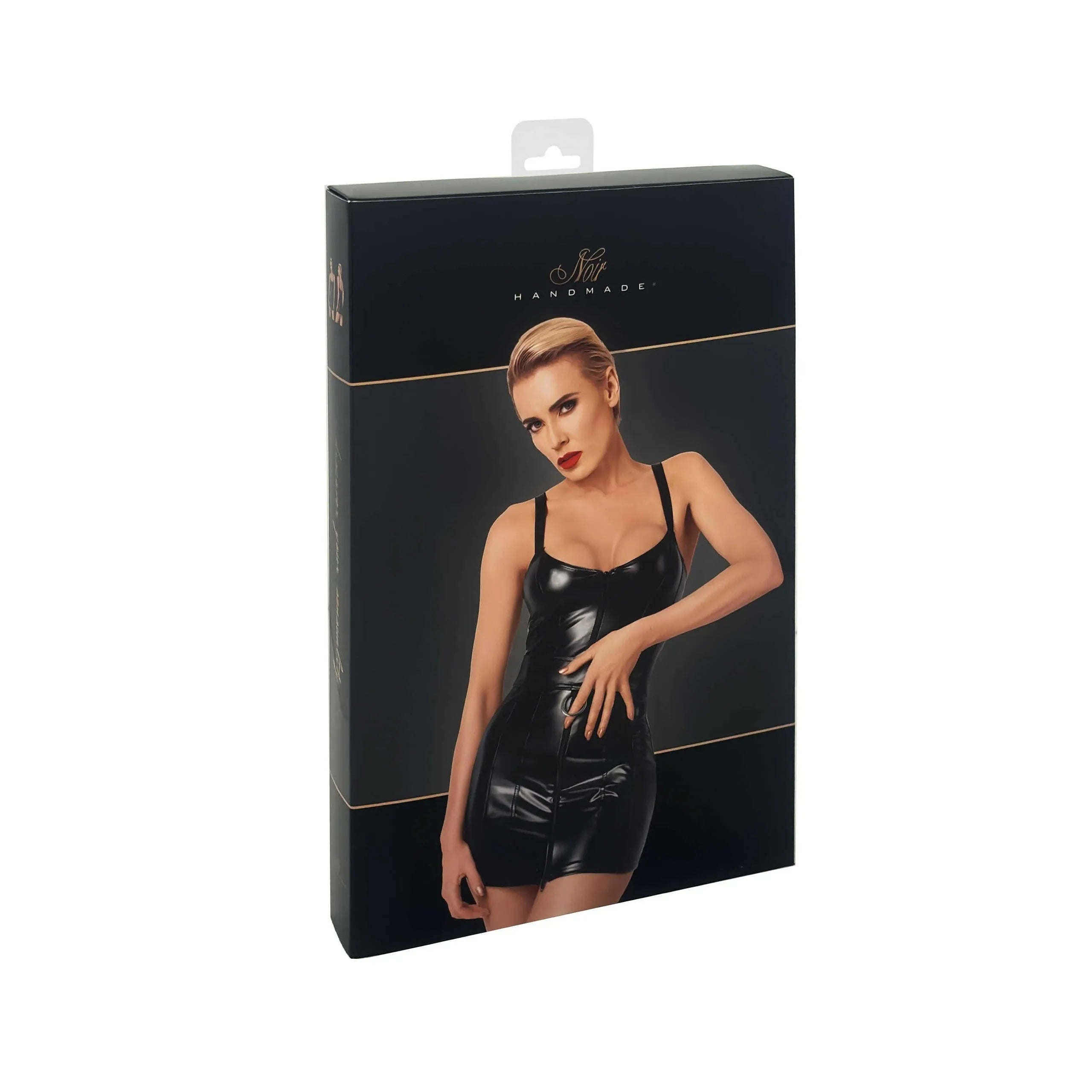 mini robe noir brillant moulant ajustée silhouette soulignant fermeture éclair centrale anneau métallique taille détails industriels chics soirée glamour audacieuse