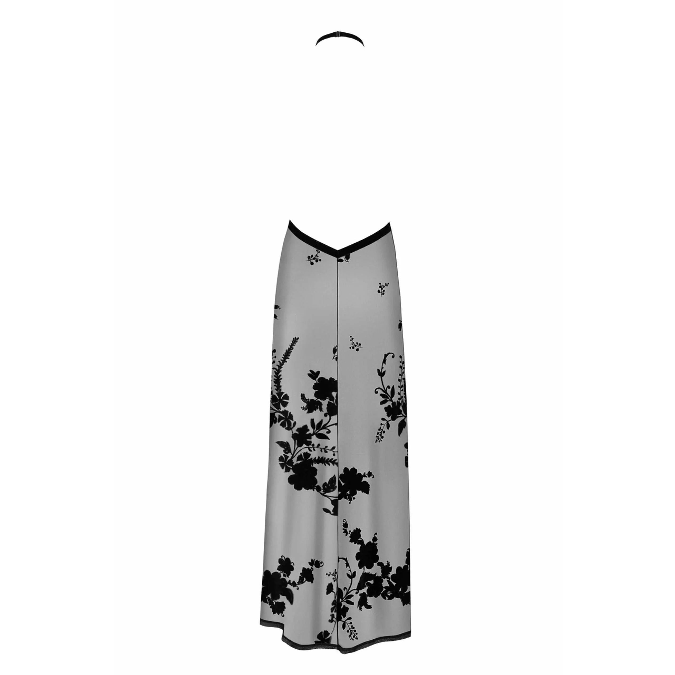 Robe longue dos nu maille floquée transparente col velours sexy