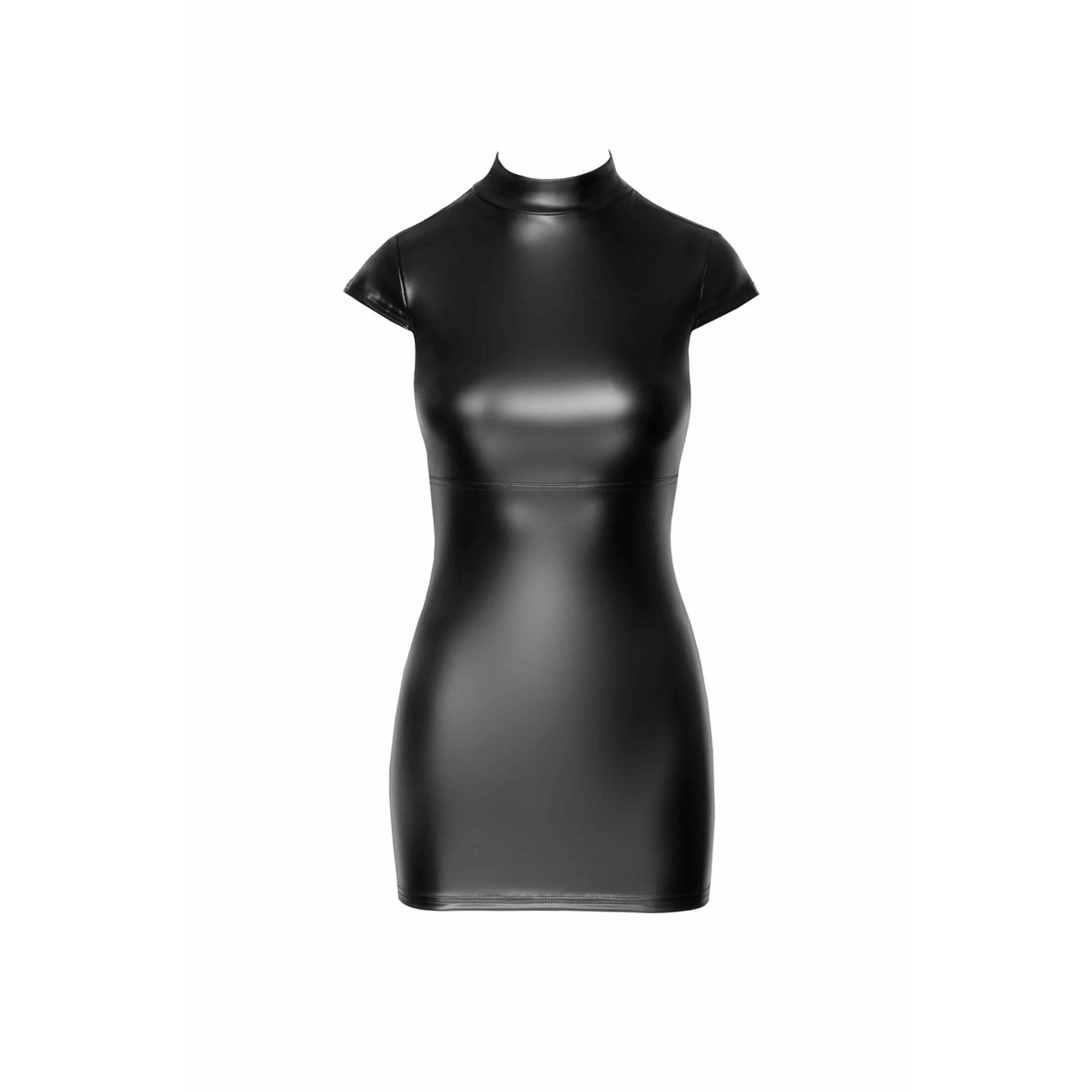 mini robe effet brillant élastique laçage dos ouvert manches capuchon col montant moulante noire séductrice silhouette ajustée soirée