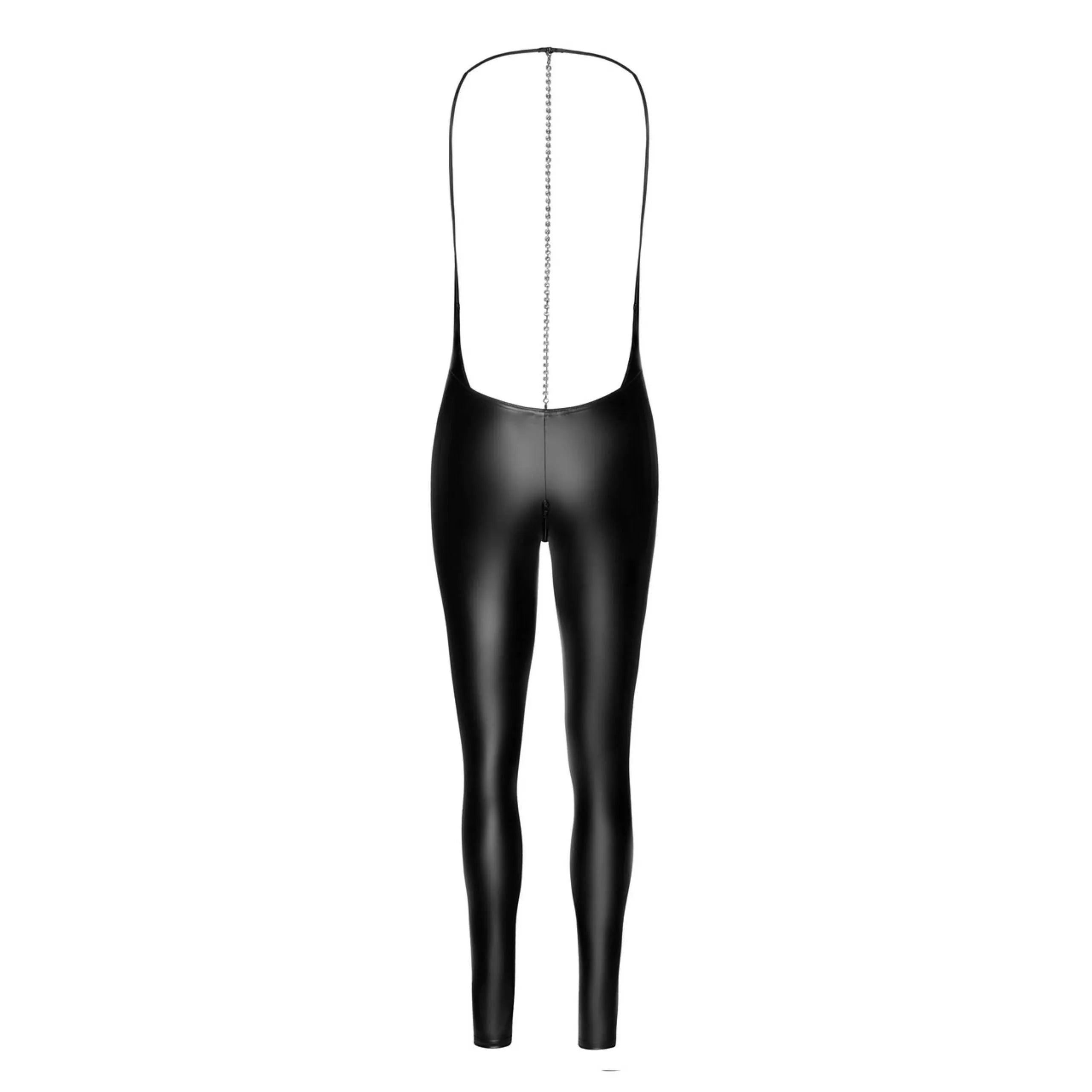Combinaison noire effet mouillé, dos ouvert avec chaînes strass, ajustée et sculptante, tissu stretch luxueux.