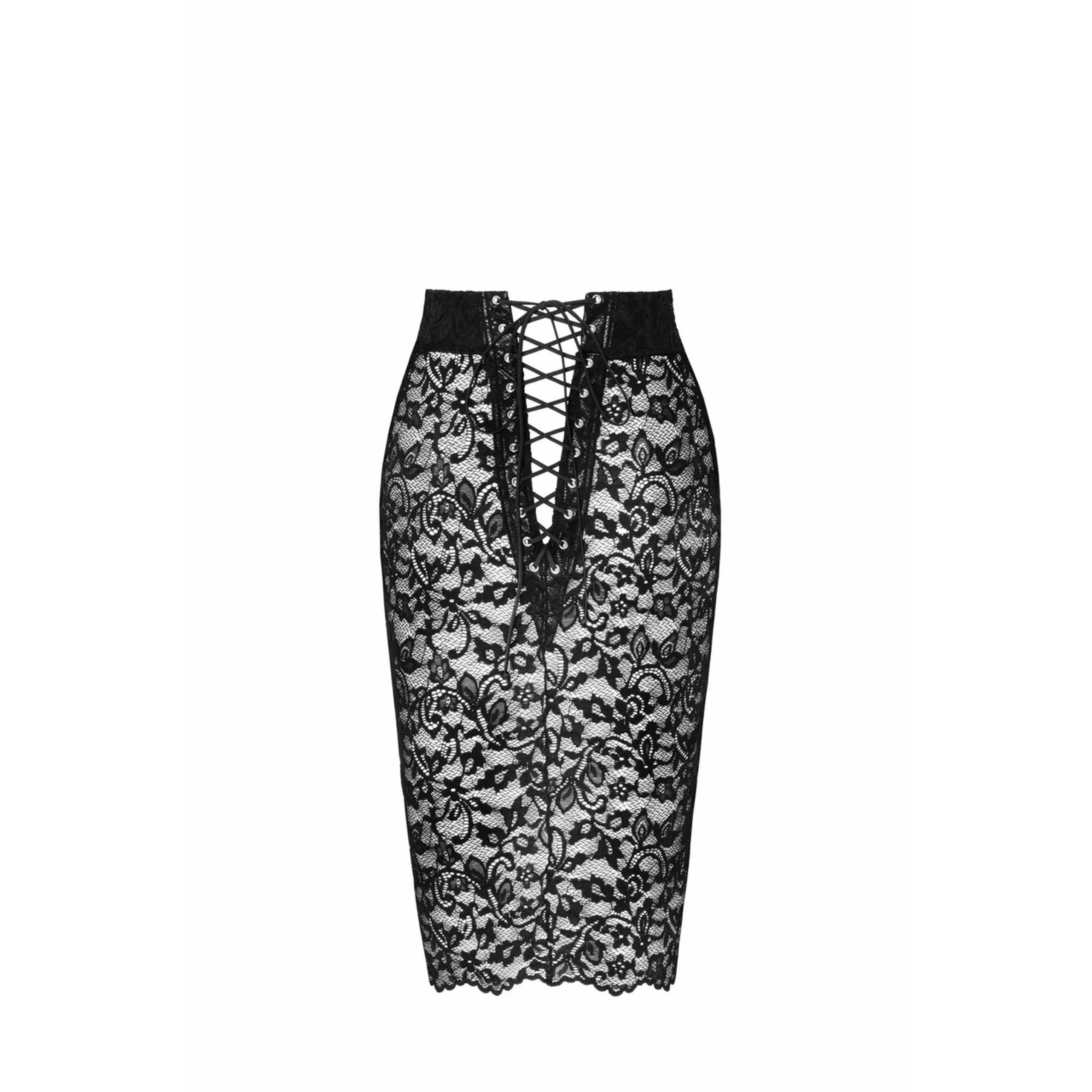 jupe midi dentelle florale dos lacé ajustable noir translucide luxueuse élégance romantique soirée cocktail gala silhouette flatteuse couture
