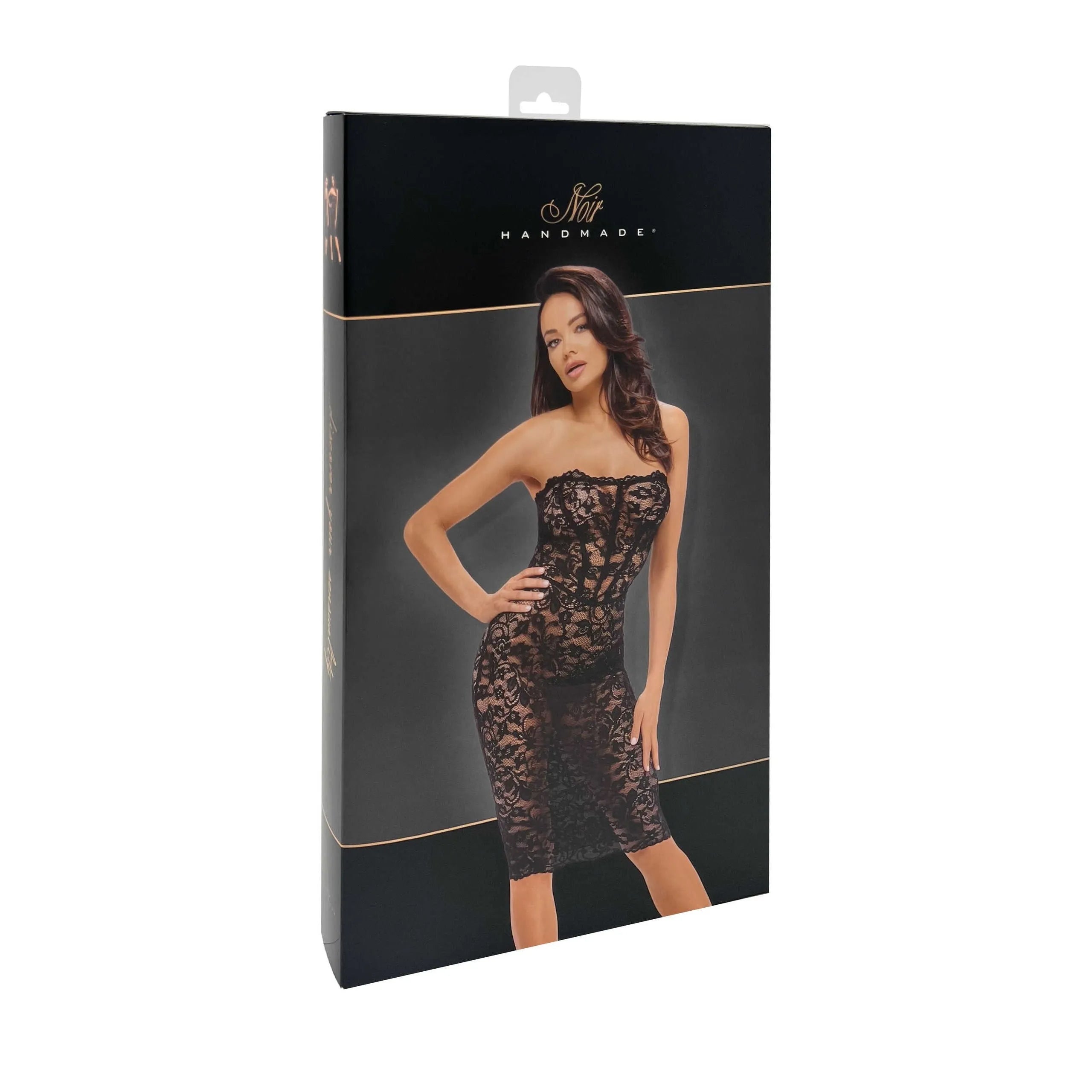 Robe midi noire dentelle florale, dos lacé, ajustée, élégante et sophistiquée, sur fond neutre.