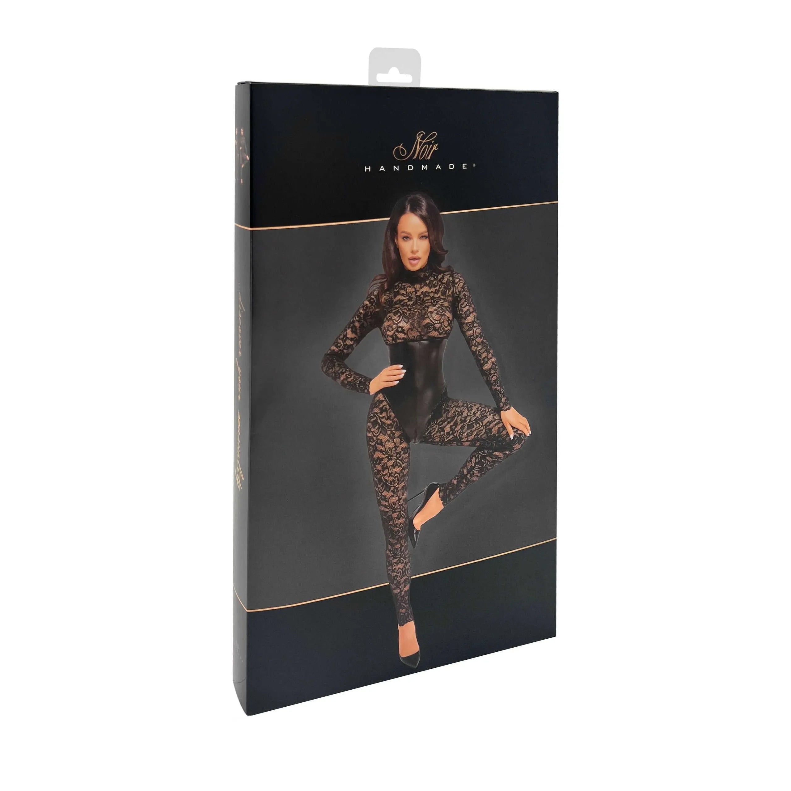 Combinaison dentelle noire manches longues, laçage dos ouvert, col montant, fermeture éclair, style glamour et élégant.