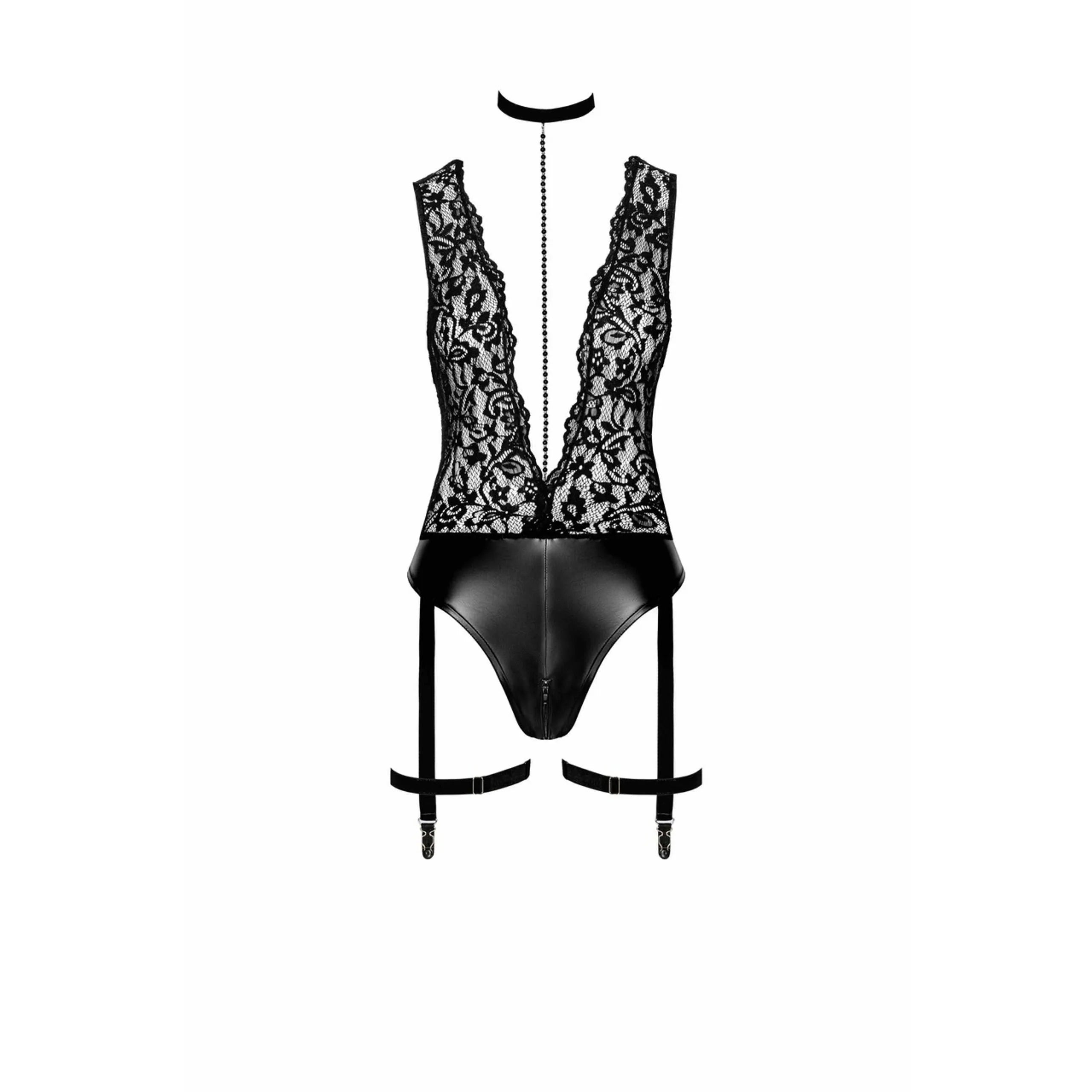 Body noir dentelle décolleté plongeant, effet mouillé, collier chaîne perles, jarretelles amovibles, élégant et provocant.