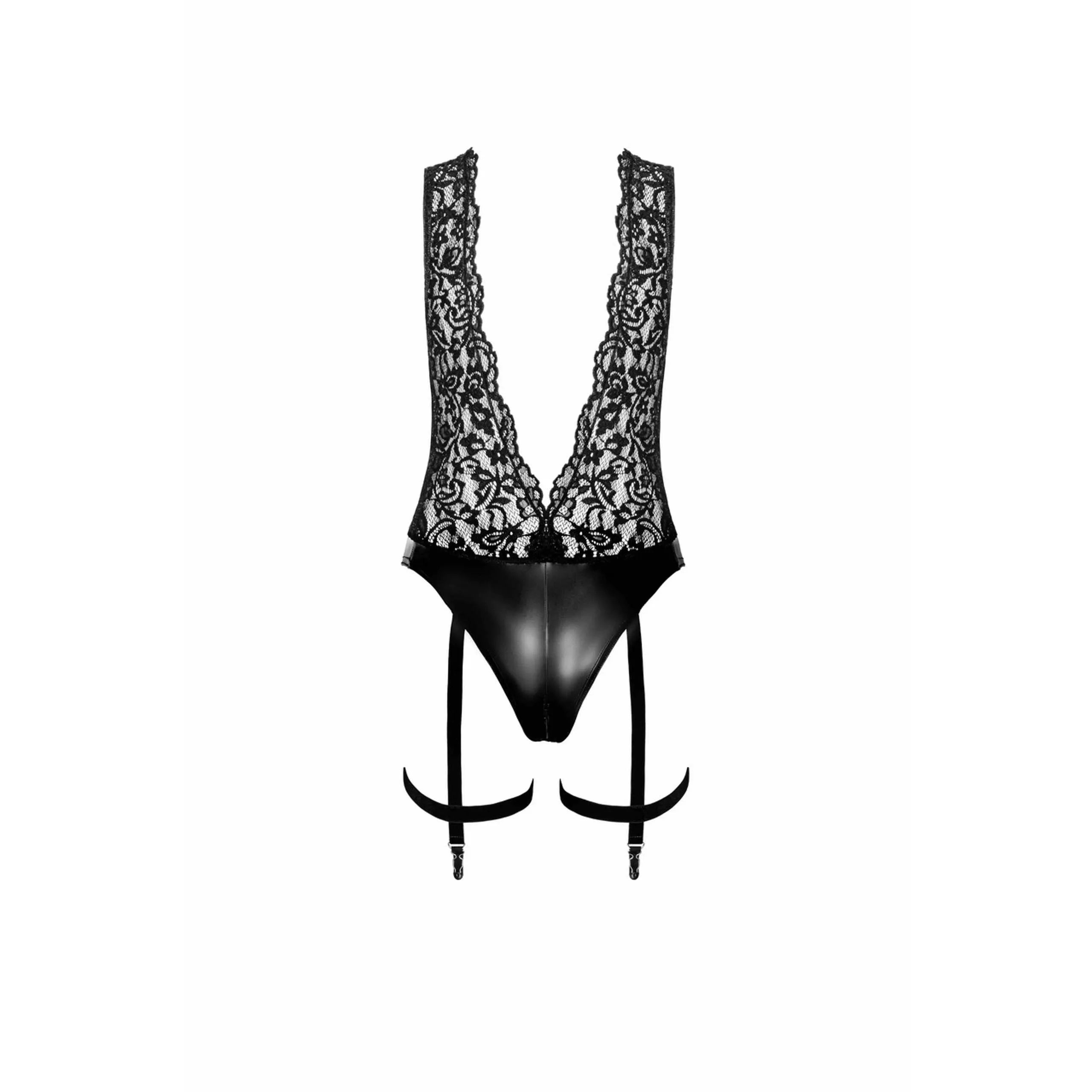 Body noir décolleté plongeant dentelle effet mouillé, collier chaîne perles, jarretelles amovibles, élégant et provocant.