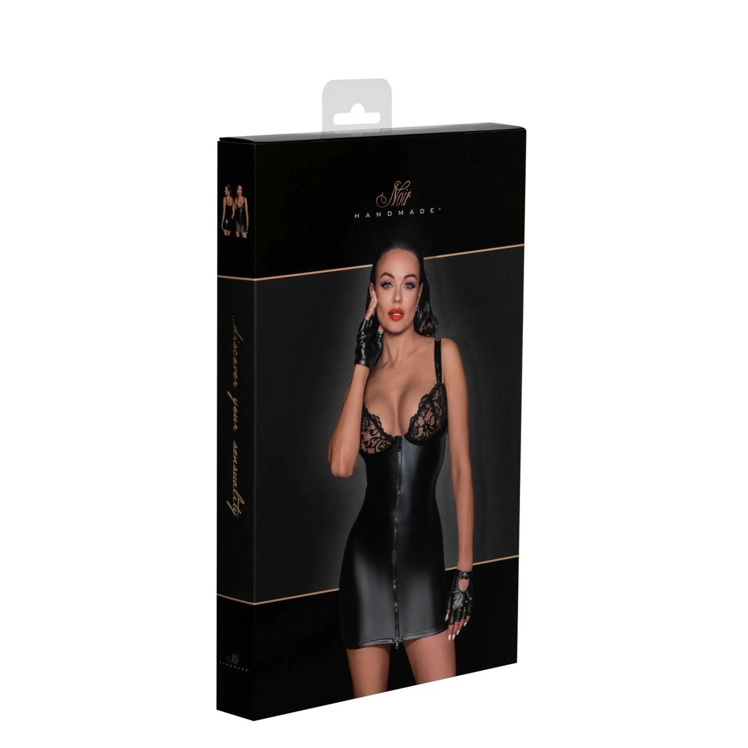 mini robe powerwetlook noire dentelle poitrine bretelles velours fermeture éclair double sens ajustement élastique brillante coupe audacieuse sexy soirée glamour