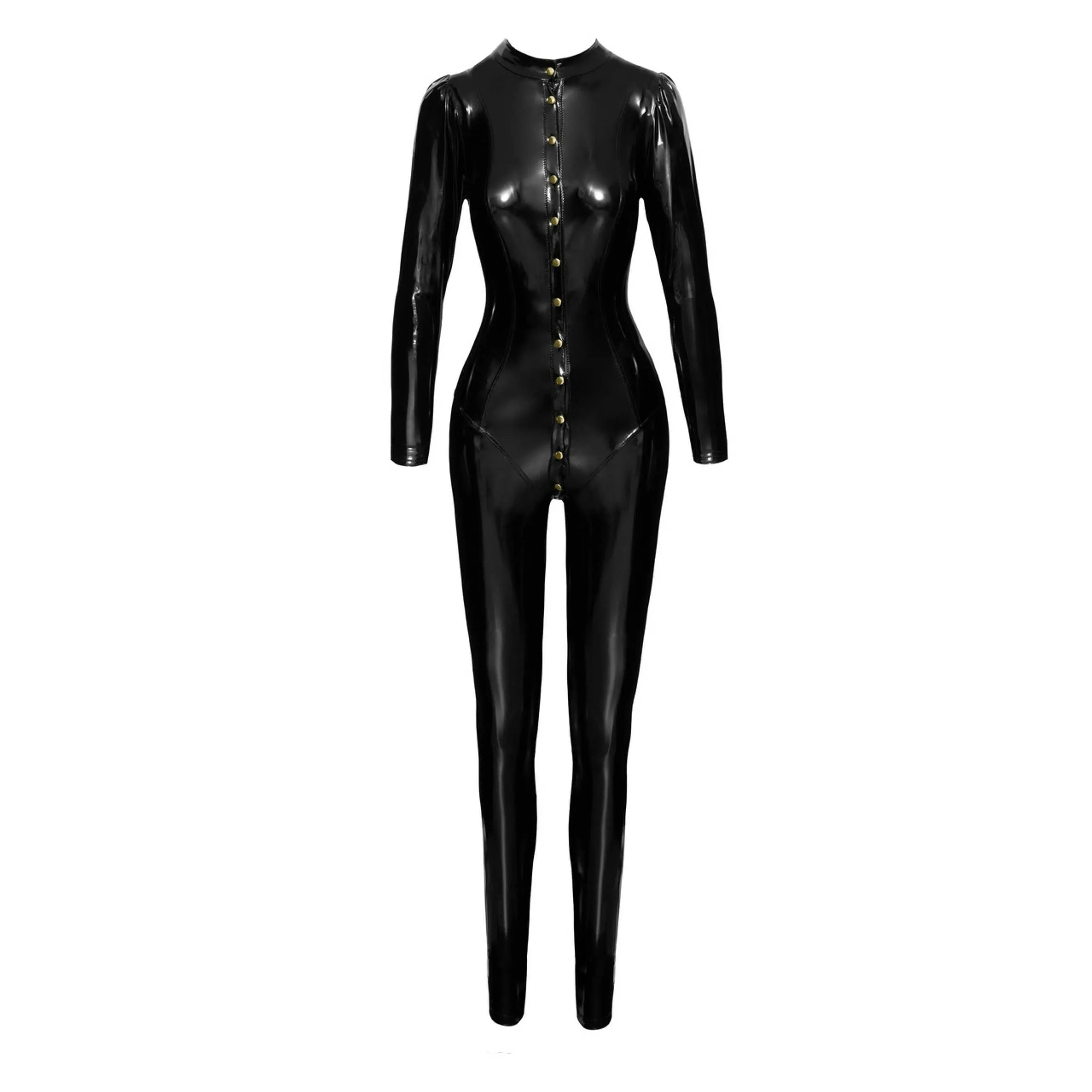 Combinaison longue noire en PVC, col montant, boutonnage intégral, coutures ajustées, style glamour et provocant.
