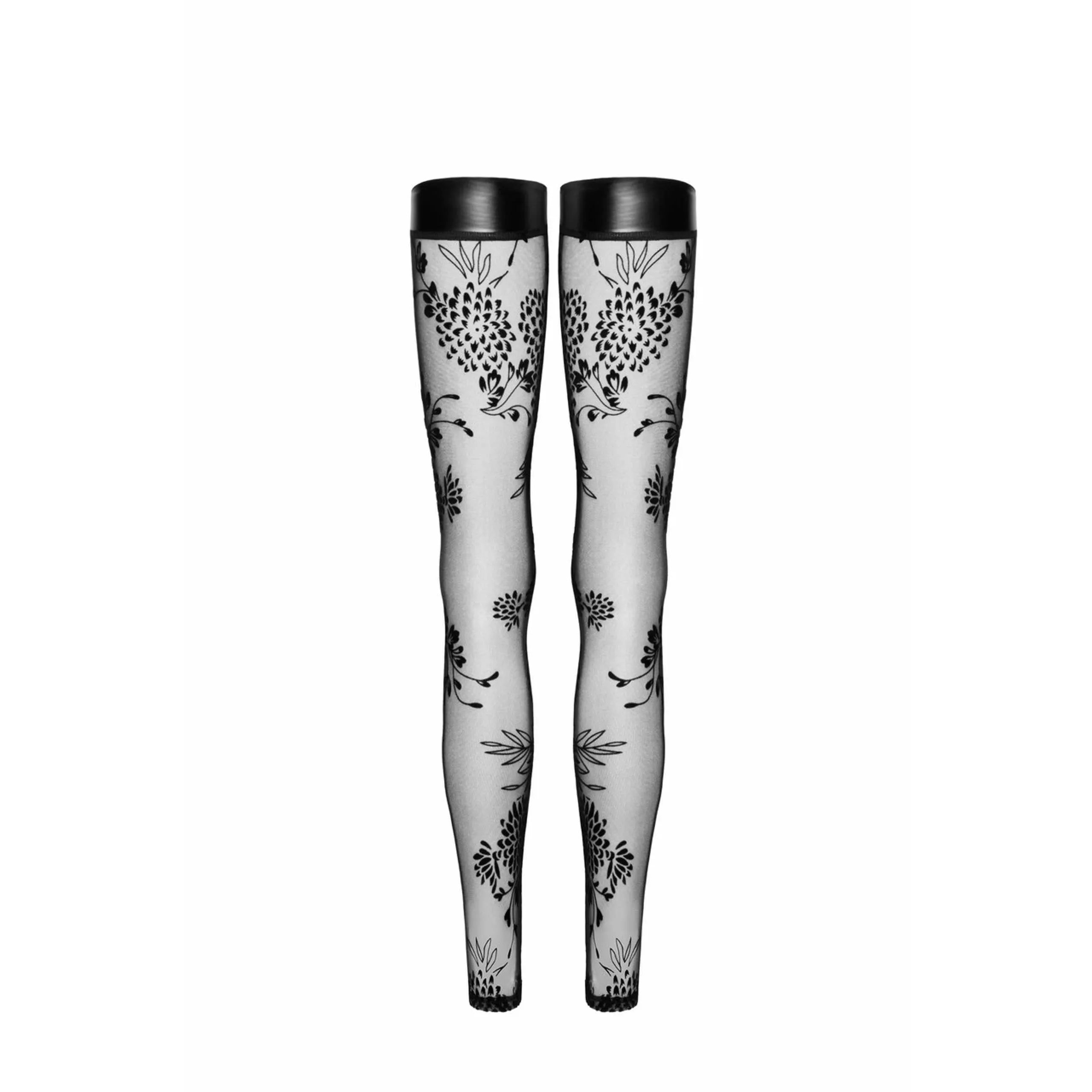 Bas noirs en tulle transparent avec broderie florale élégante, style chic et raffiné pour soirée, maintien confortable.