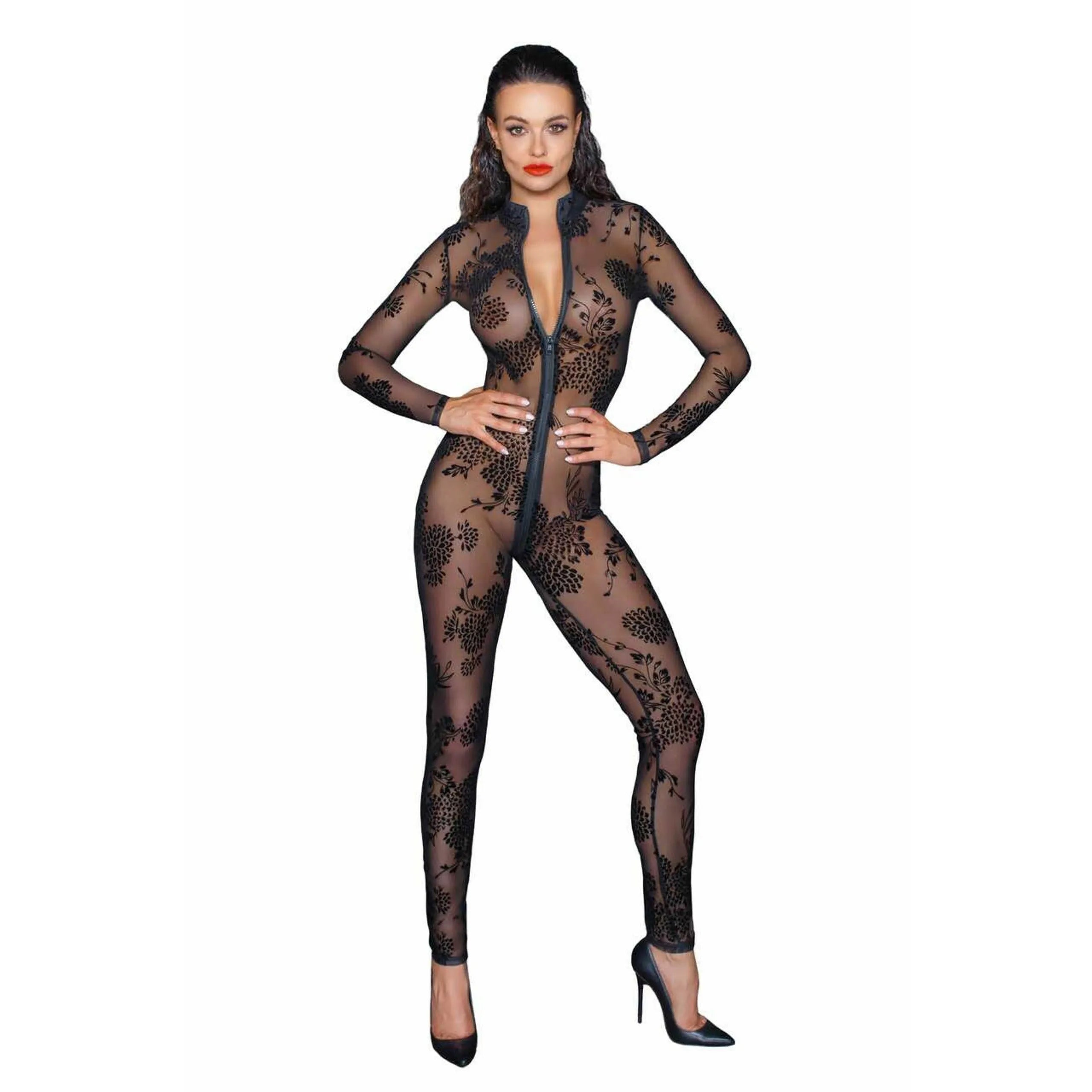 Combinaison noire en tulle transparent avec broderies floquées, fermeture éclair trois voies, ajustée, élégante et sexy.