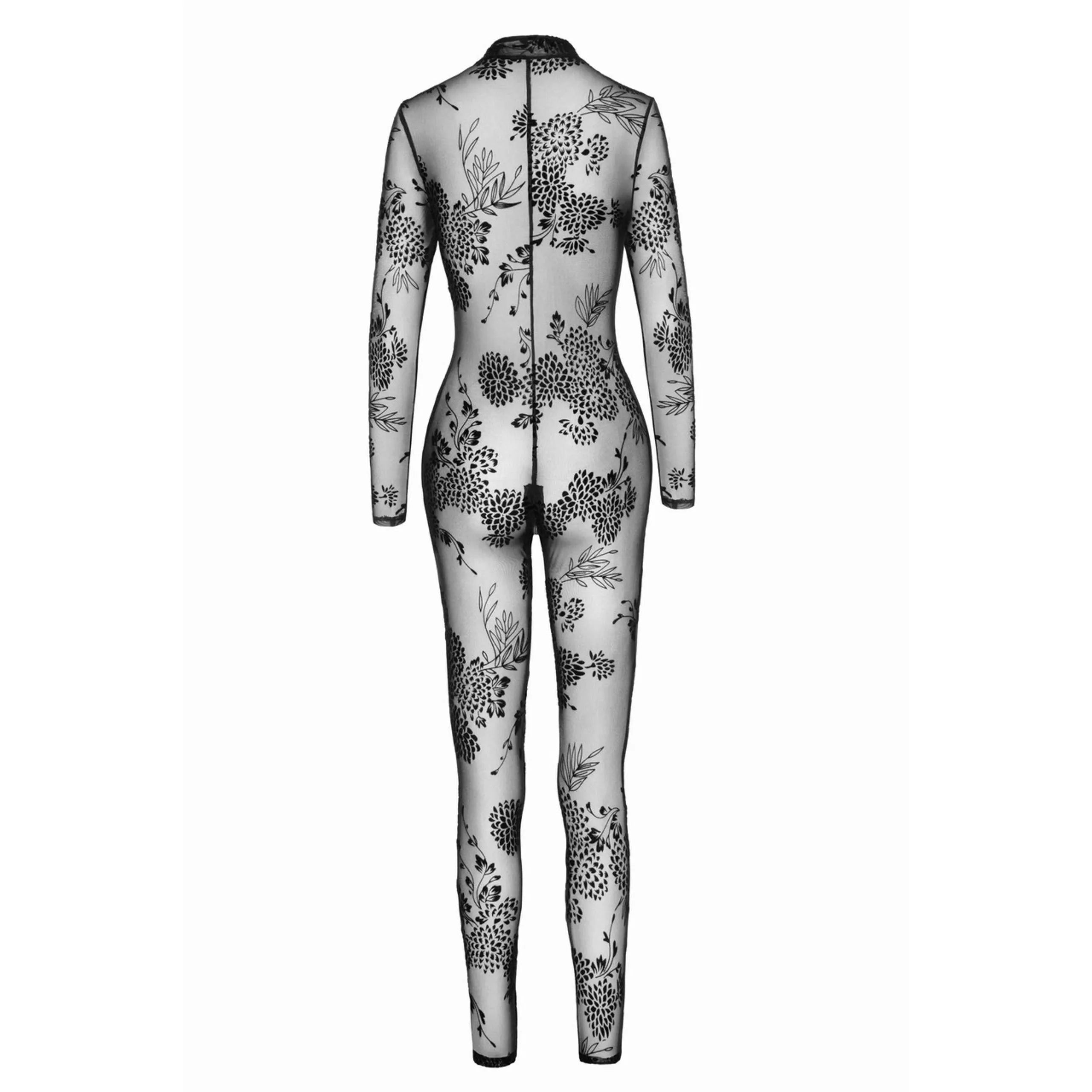 Combinaison noire en tulle transparent brodé, fermeture éclair trois voies, ajustée, élégante et sensuelle pour soirée.