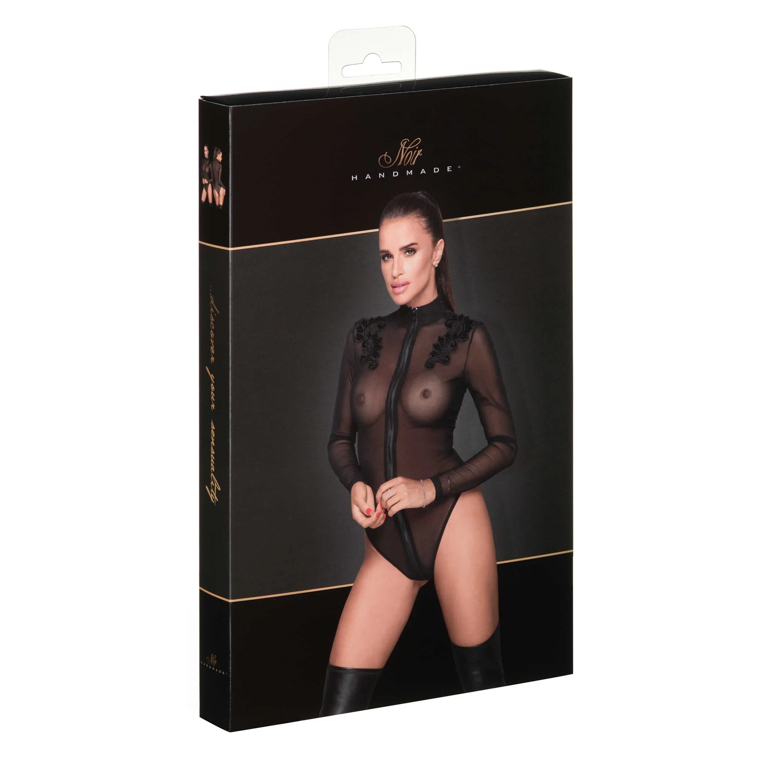 Body tulle transparent noir brodé, col zippé, manches longues, élégance et sophistication, sur fond neutre.