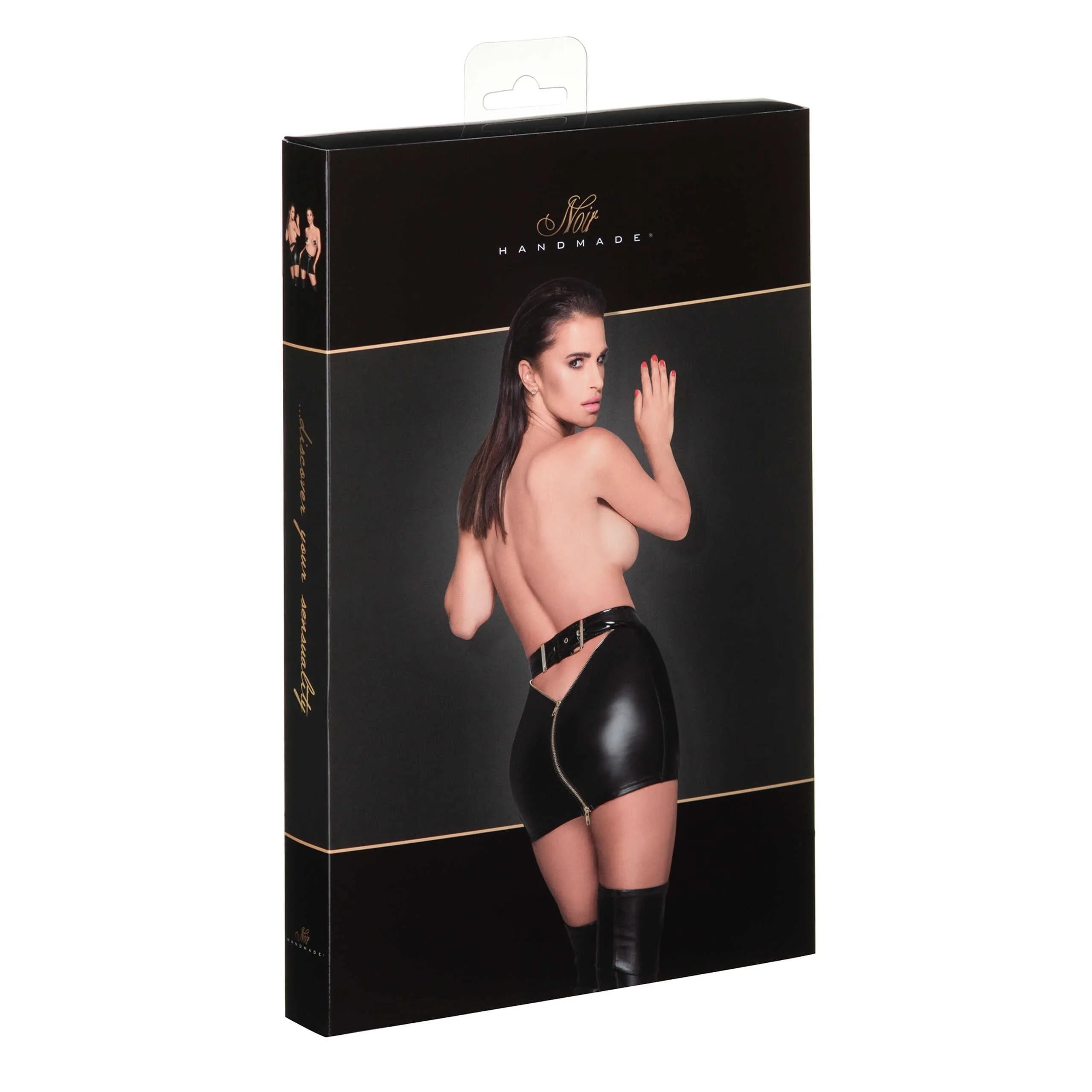 jupe fantaisie PVC élastique érotique fermetures éclair dorées ceinture réglable moulante glamour sophistiquée sensuelle noire