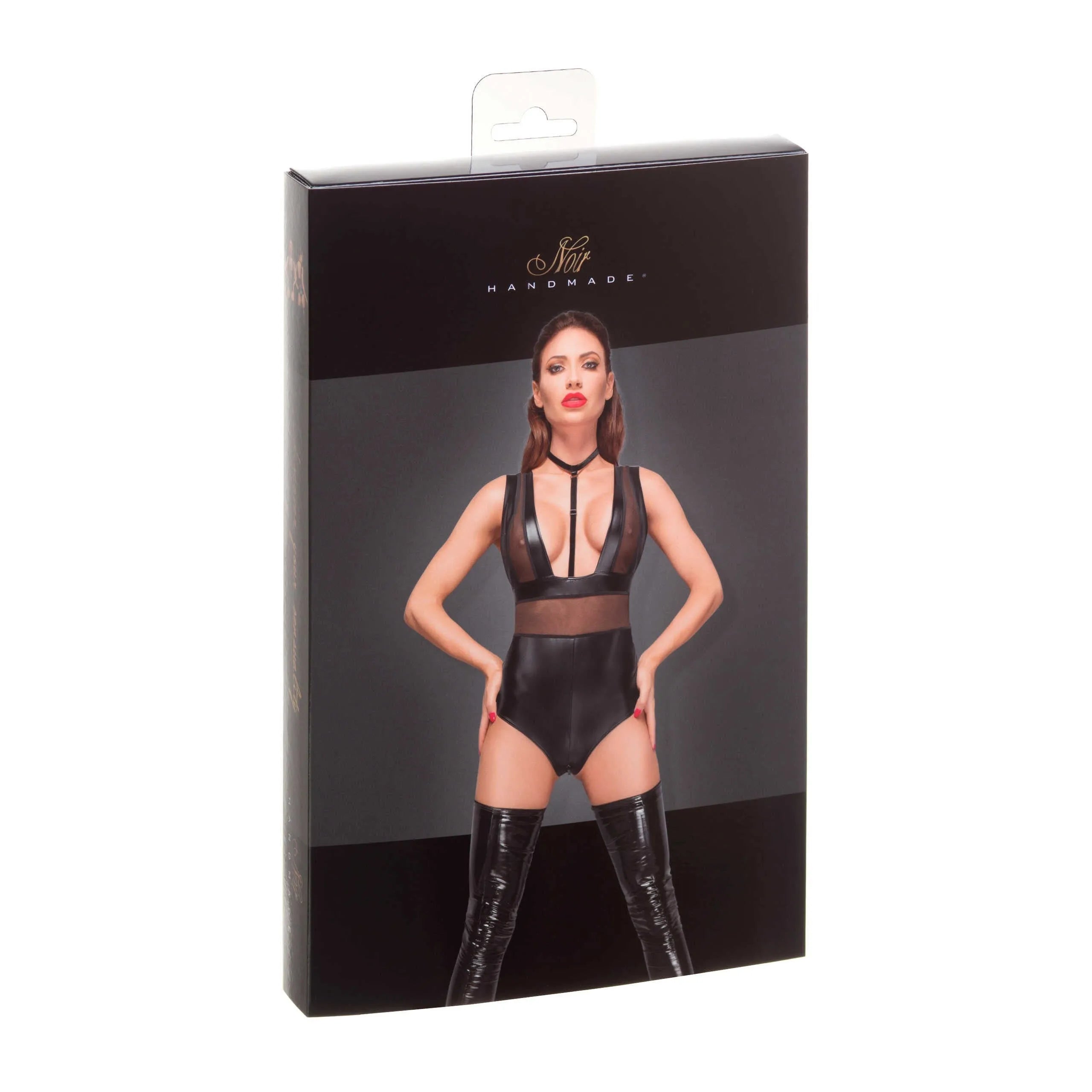 Body noir powerwetlook avec bretelles larges, empiècements tulle transparent, fermeture éclair, moulant et sculptant.