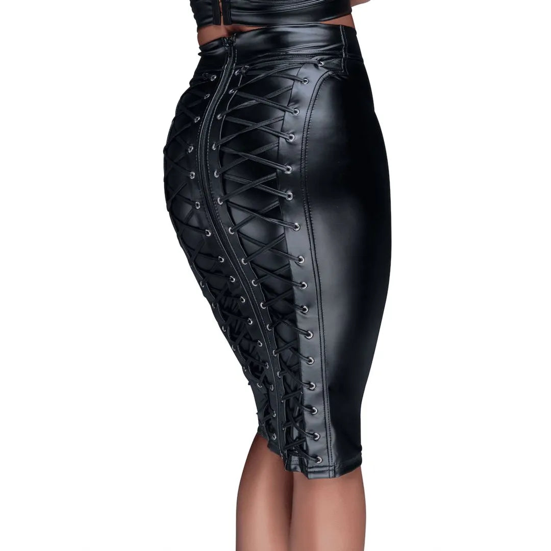 jupe crayon taille haute ajustée effet brillant similicuir extensible fermeture éclair arrière laçage décoratif noir élégant sexy confortable tailles