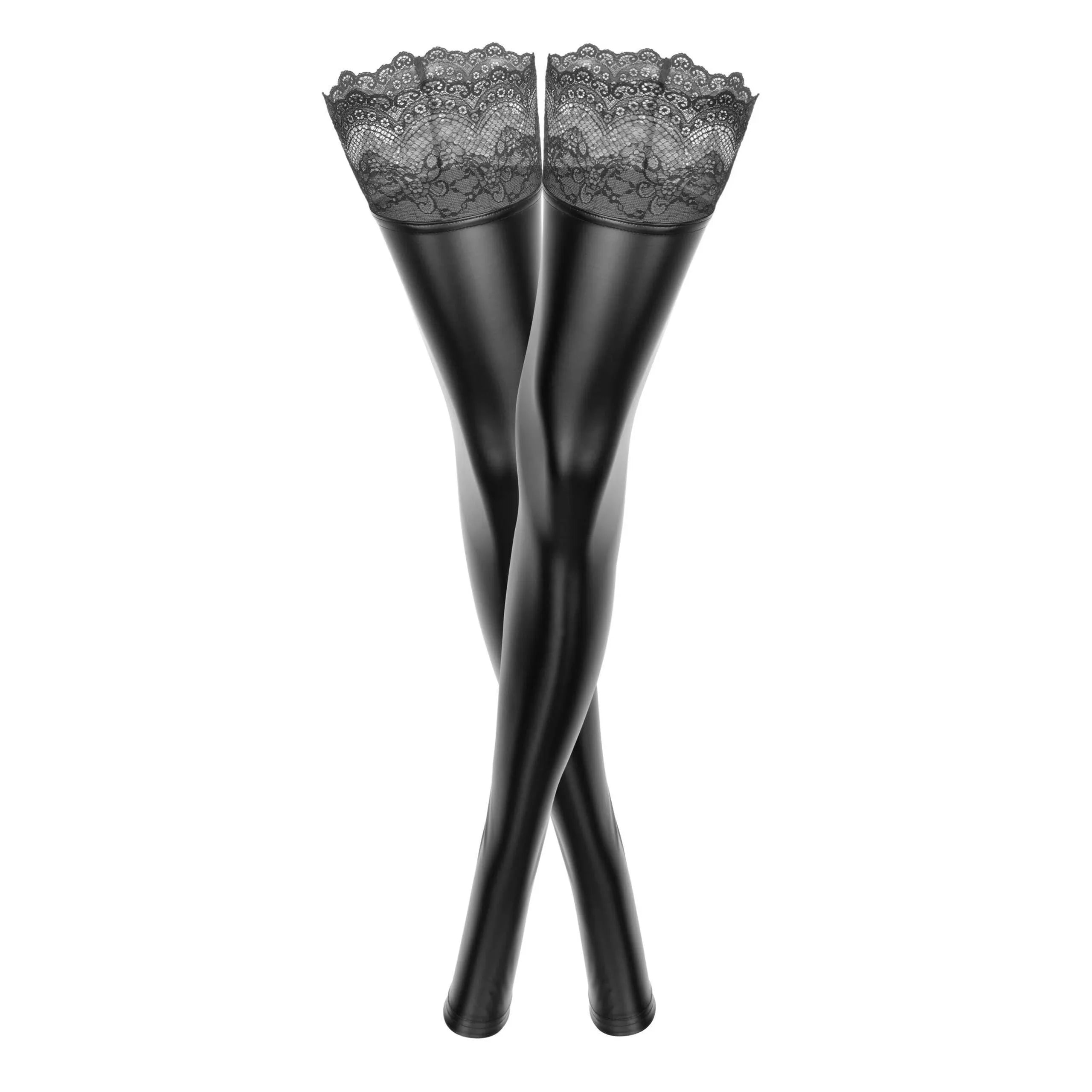 Bas noirs effet lustré avec dentelle élastique et finition siliconée, élégants et sensuels pour un maintien parfait.