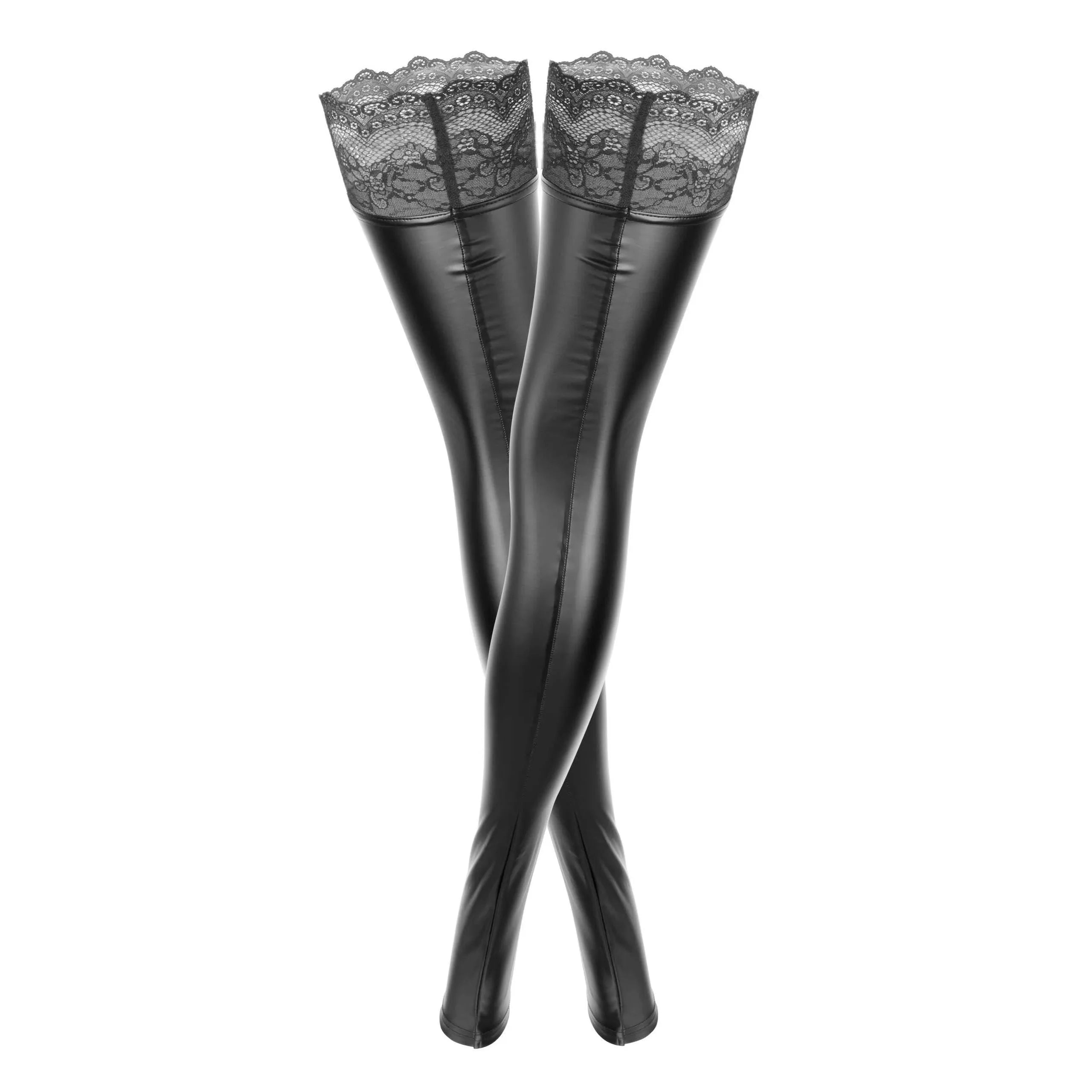 Bas noirs Powerwetlook dentelle élastique, finition siliconée, effet lustré, élégants et sensuels, six tailles disponibles.
