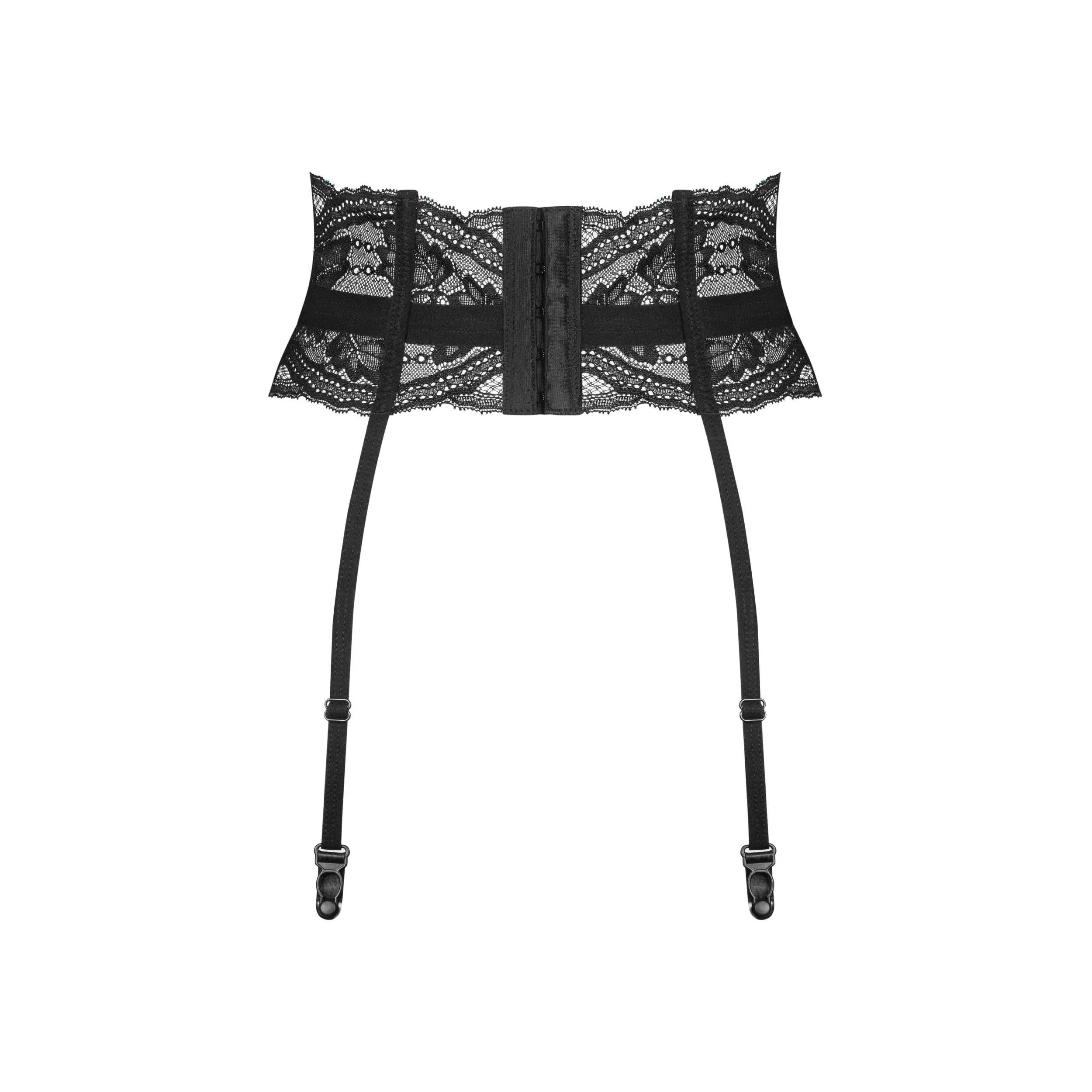 portejarretelles dentelle noire florale ajustable confortable luxe élégant sophistiqué féminin séduisant silhouette maintien extensible douceur raffiné pendentif argent hypoallergénique