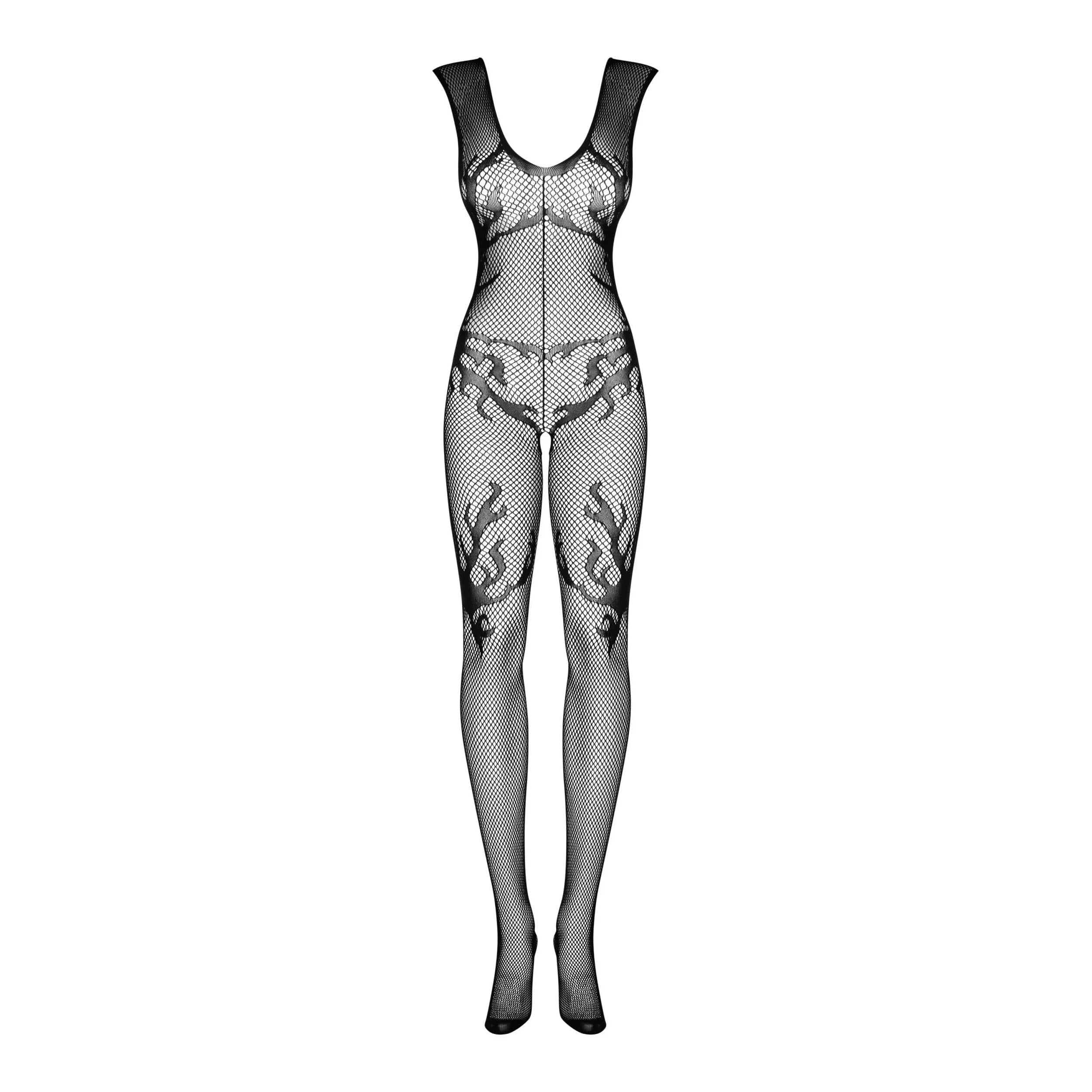 Bodystocking noir filet ouvert, motif moderne, dos nu, coupe ajustée, polyamide élasthanne, séduisant et raffiné.