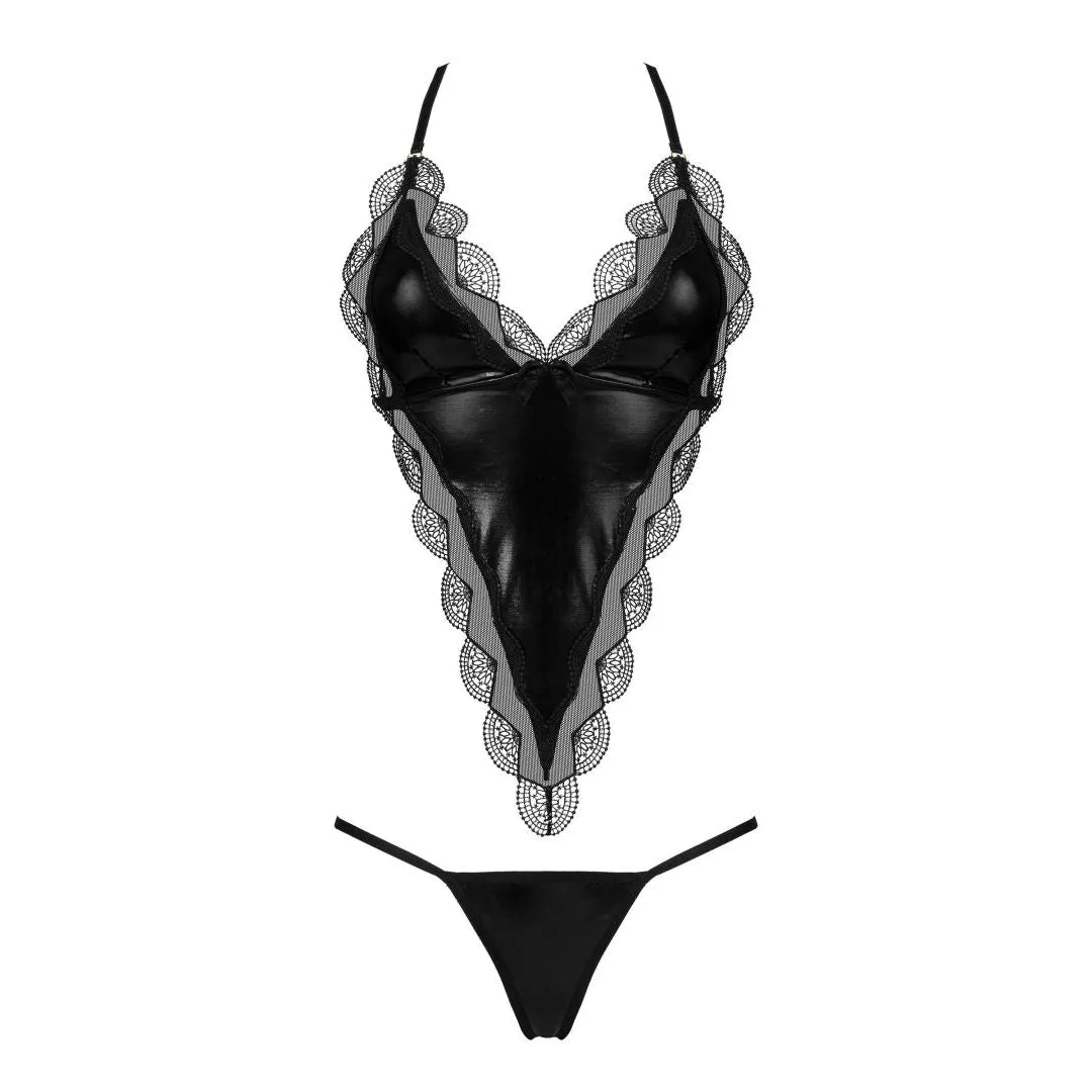 Ensemble lingerie noir brillant dentelle réglable, bretelles fines, string assorti, élégant et sexy pour occasions spéciales.