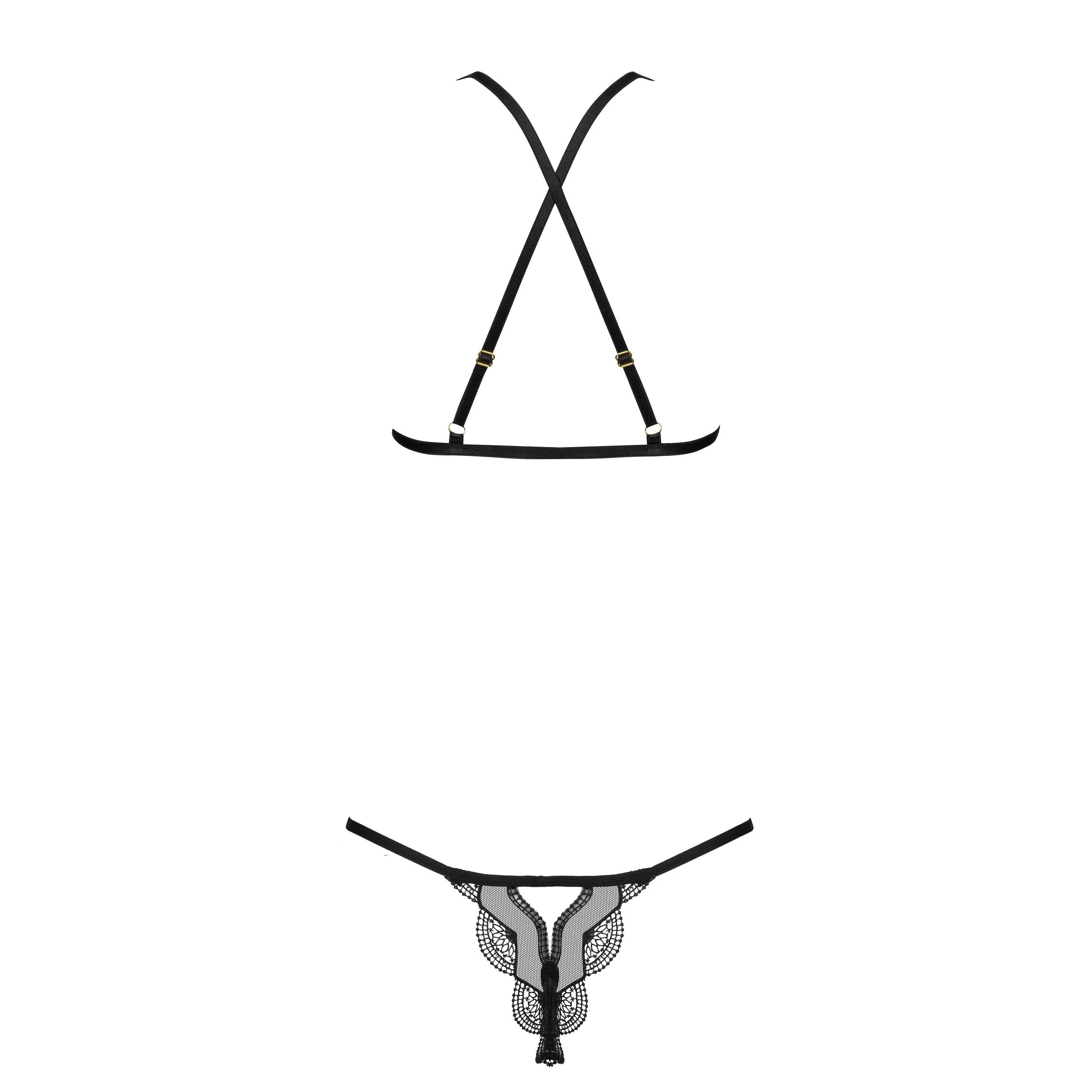 Ensemble lingerie noir brillant dentelle, bretelles réglables, string élégant, polyester élasthanne, sexy et raffiné.