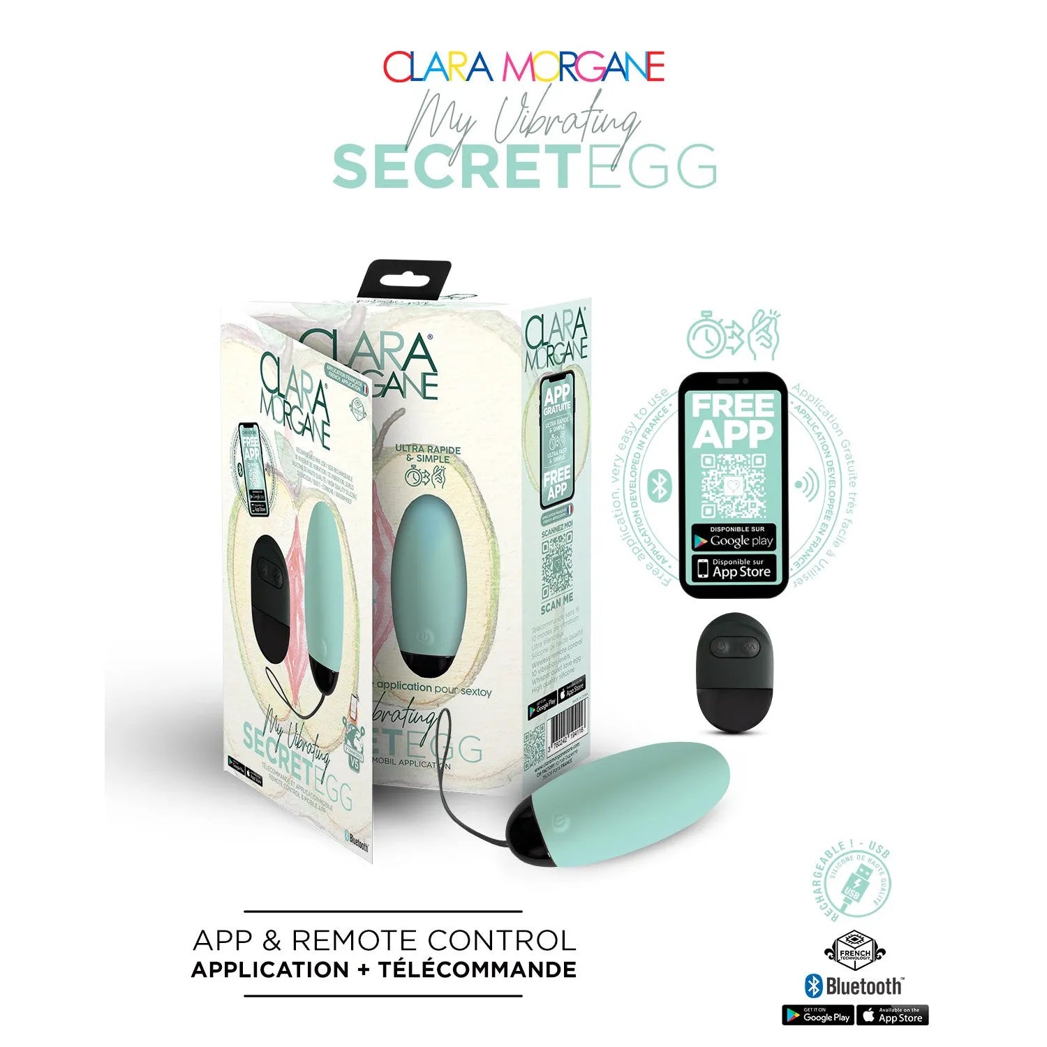 Oeuf vibrant connecté Bluetooth My Vibrating Secret Egg silicone médical hypoallergénique rechargeable_USB télécommande bleu clair femme couple plaisir intime