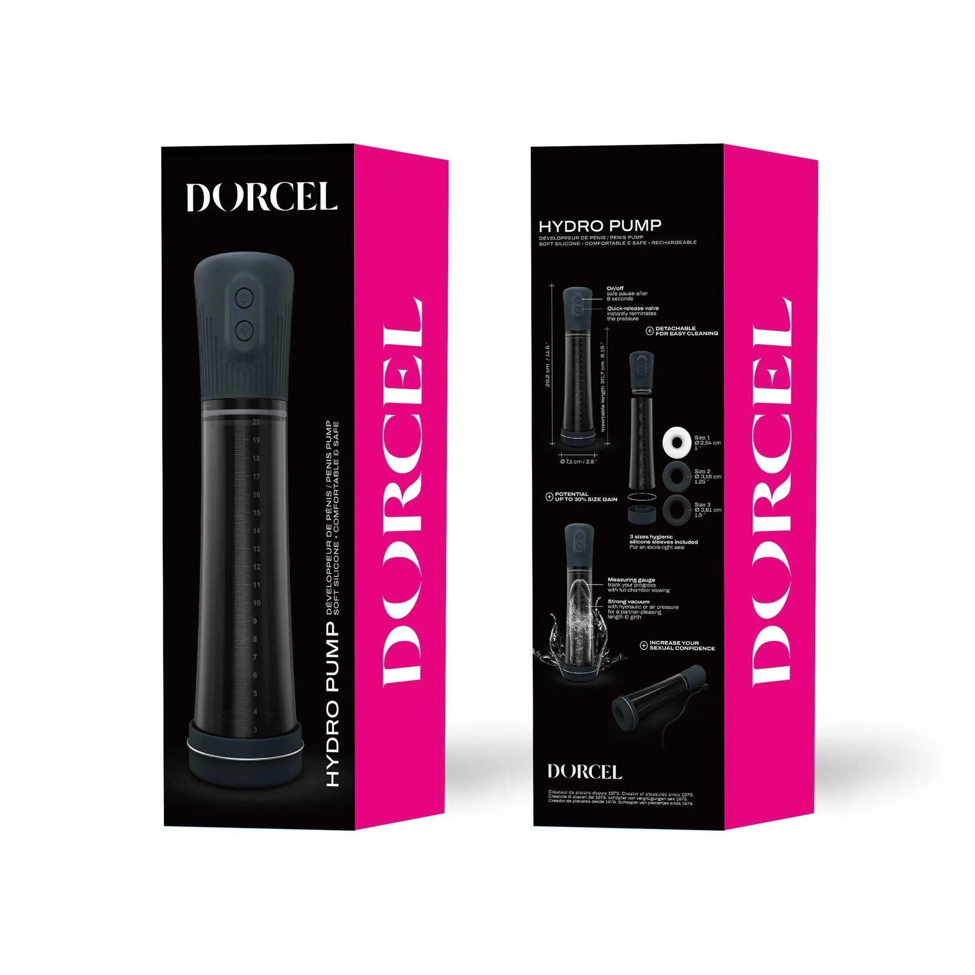 Hydro Dorcel pompe pénis eau air silicone rechargeable graduée trois tailles manches tube transparent mesures autonomie silencieuse discrète ergonomique confortable