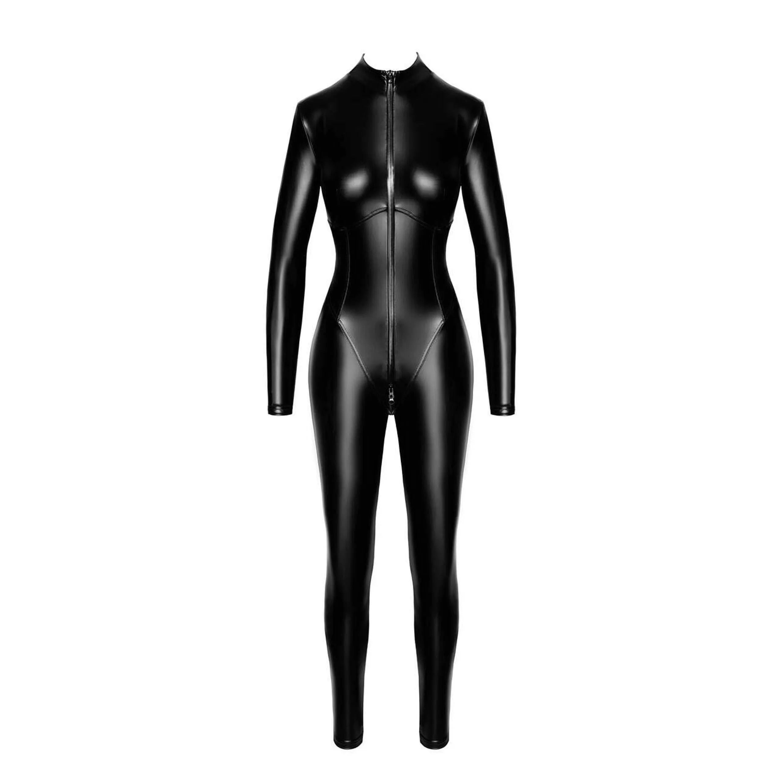 Combinaison femme noire brillante moulante avec fermeture éclair, col haut et coutures décoratives, style moderne et audac...