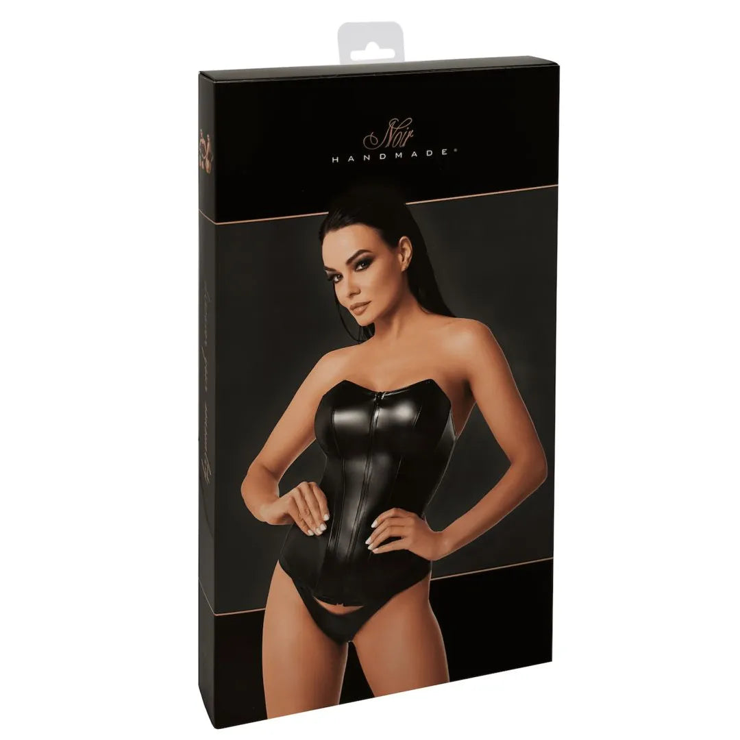 Corset noir brillant Power Wetlook avec fermeture éclair, couture décorative, design moderne et élégant sur mannequin.