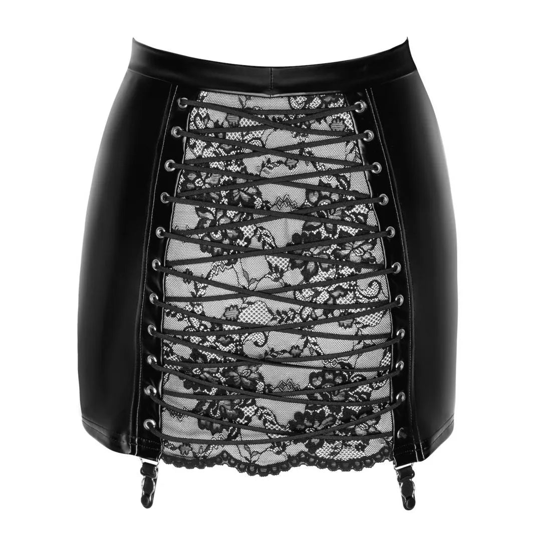 minijupe corsetée dentelle élastique effet mouillé extensible moulante laçage ajustable silhouette sublimante audacieuse sophistiquée soirée élégante noire six tailles
