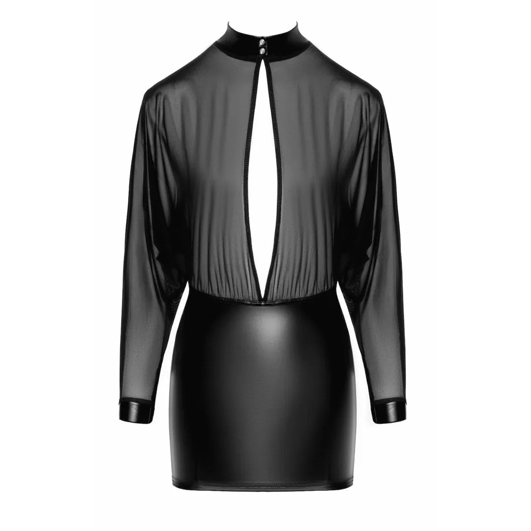 mini robe dos nu audacieuse maille transparente haut volumineux jupe ajustée effet brillant faux cuir élastique col montant manches longues