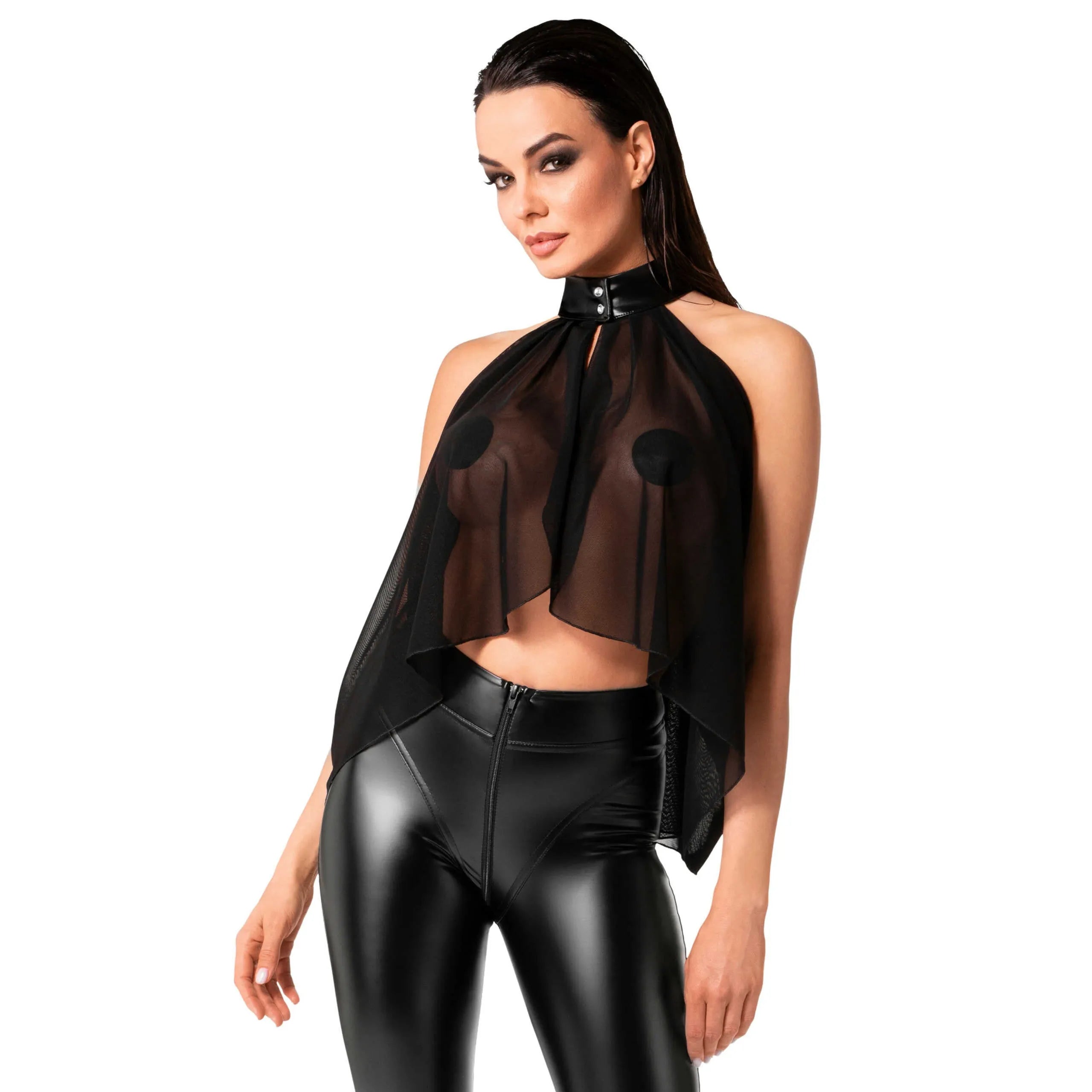 Bolero Opium noir transparent en maille élastique, col montant, boutons pression, style audacieux et sophistiqué.