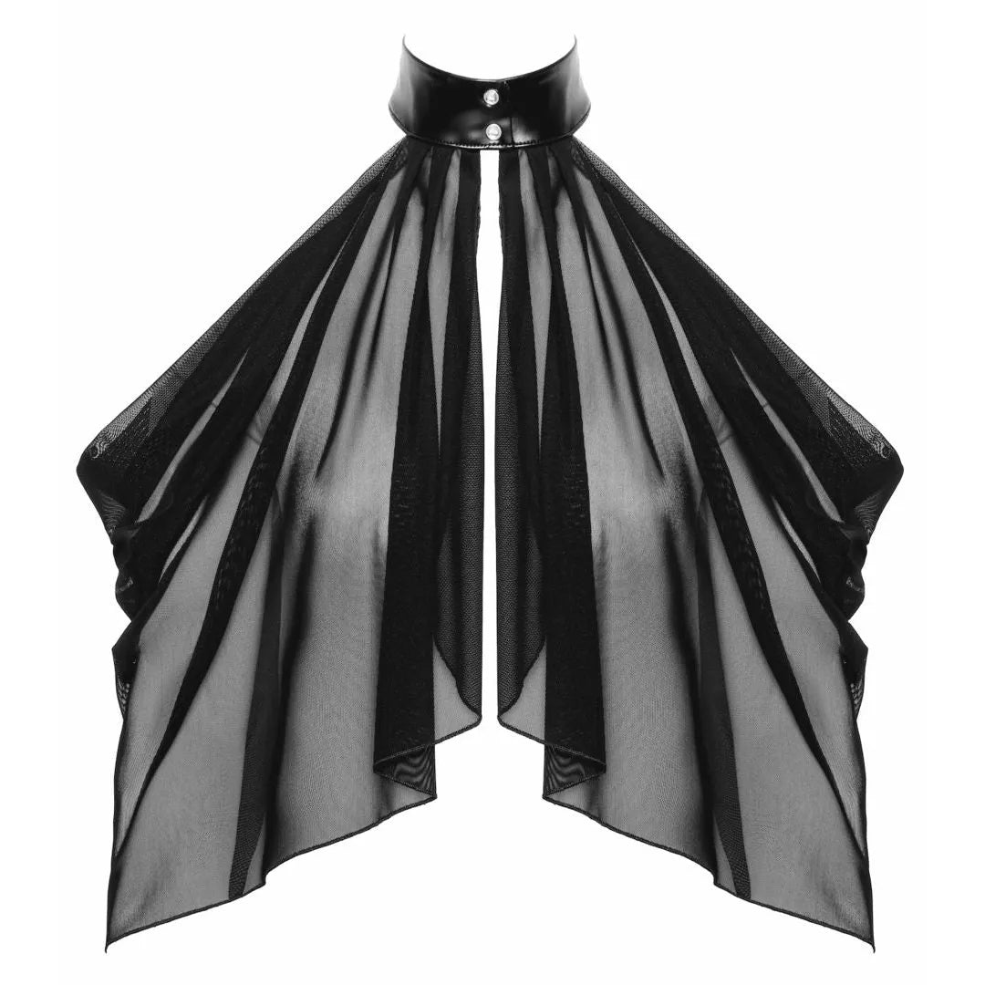 Bolero Opium noir transparent, maille élastique, col montant, boutons pression, drapé élégant, mode soirée sophistiquée.