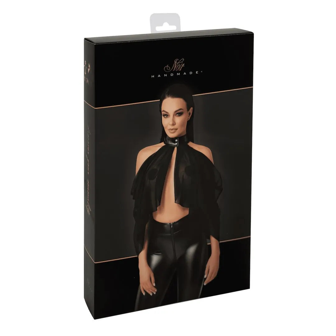 Bolero Opium noir transparent, maille élastique, col montant, boutons pression, style audacieux et sophistiqué.