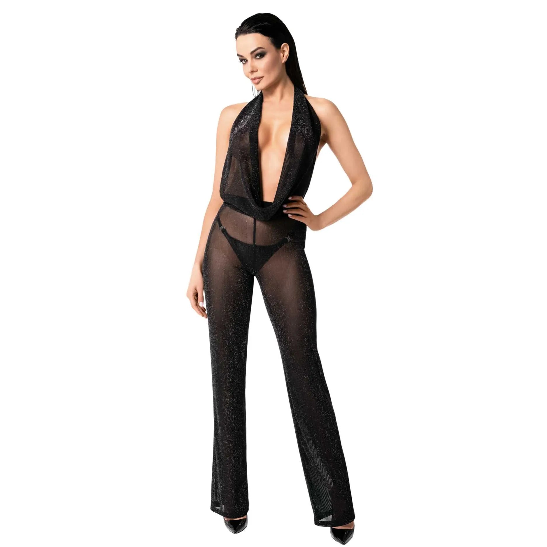 combinaison Luminara dos nu transparent pailleté soirée glamour sexy scintillant maille légère extensible décolleté plongeant jambes larges noir